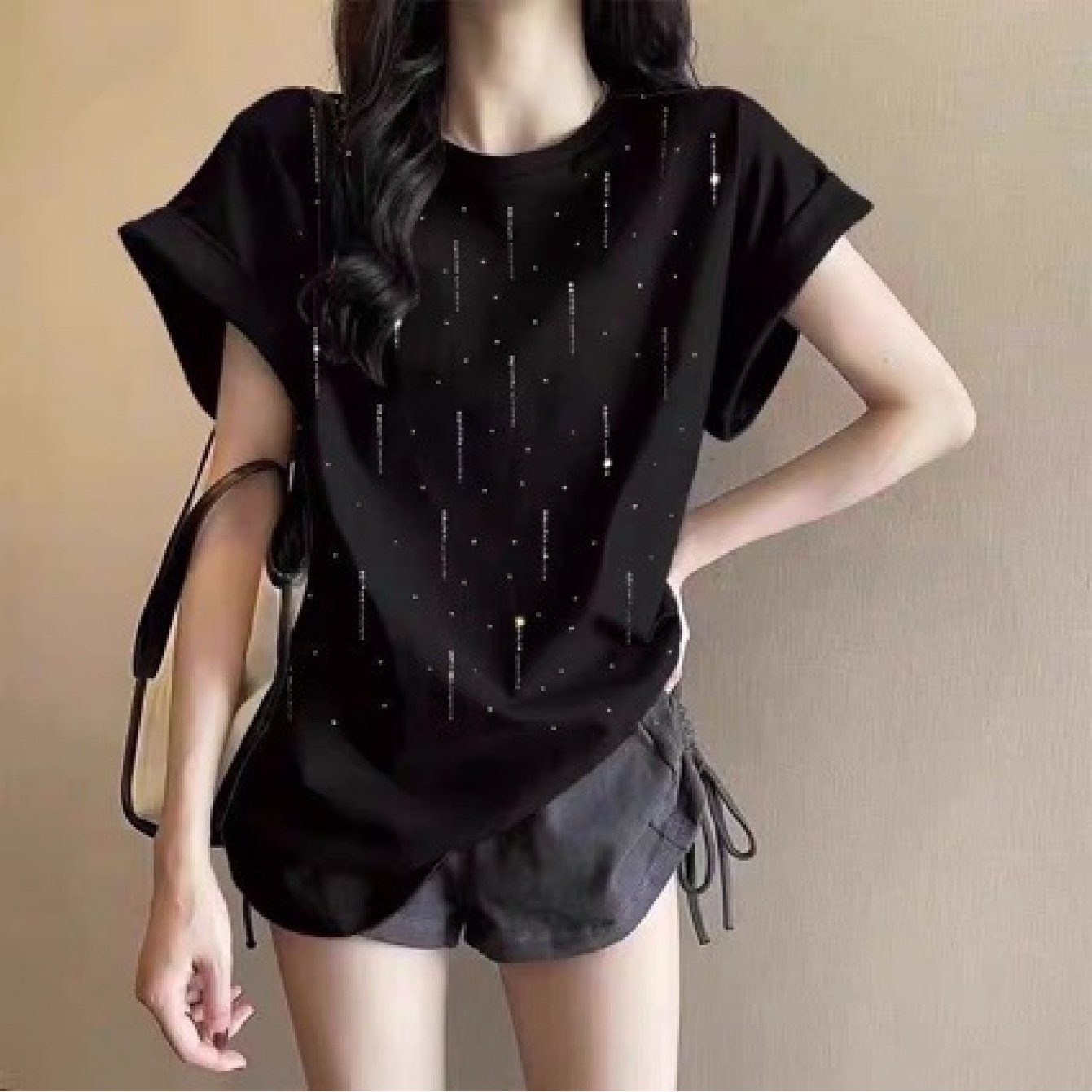 TEMU 여성 반팔 티셔츠 핫픽스 큐빅 상의 루즈핏 박시핏 하의실종 체형커버 날씬해보이는 화려한 꾸안꾸 유니크 데이트룩 화이트
