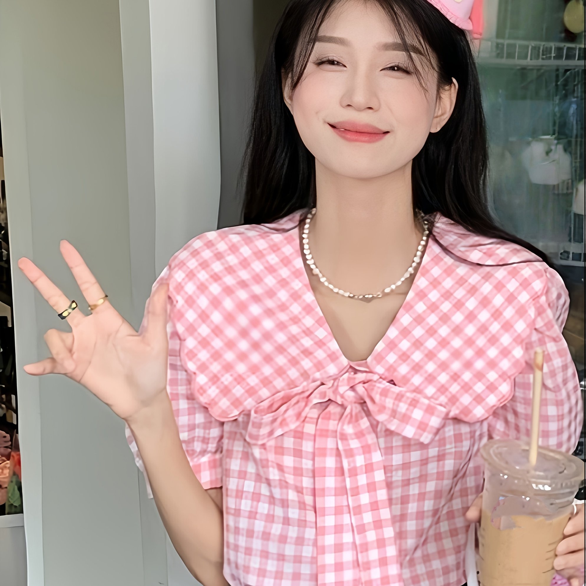 TEMU 여성 깅엄 체크 빅카라 블라우스 리본 퍼프소매 셔츠 팔뚝커버 얼굴소멸 러블리 데이트룩 하객룩 페미닌 꾸안꾸 여름 반팔 상의 핑크