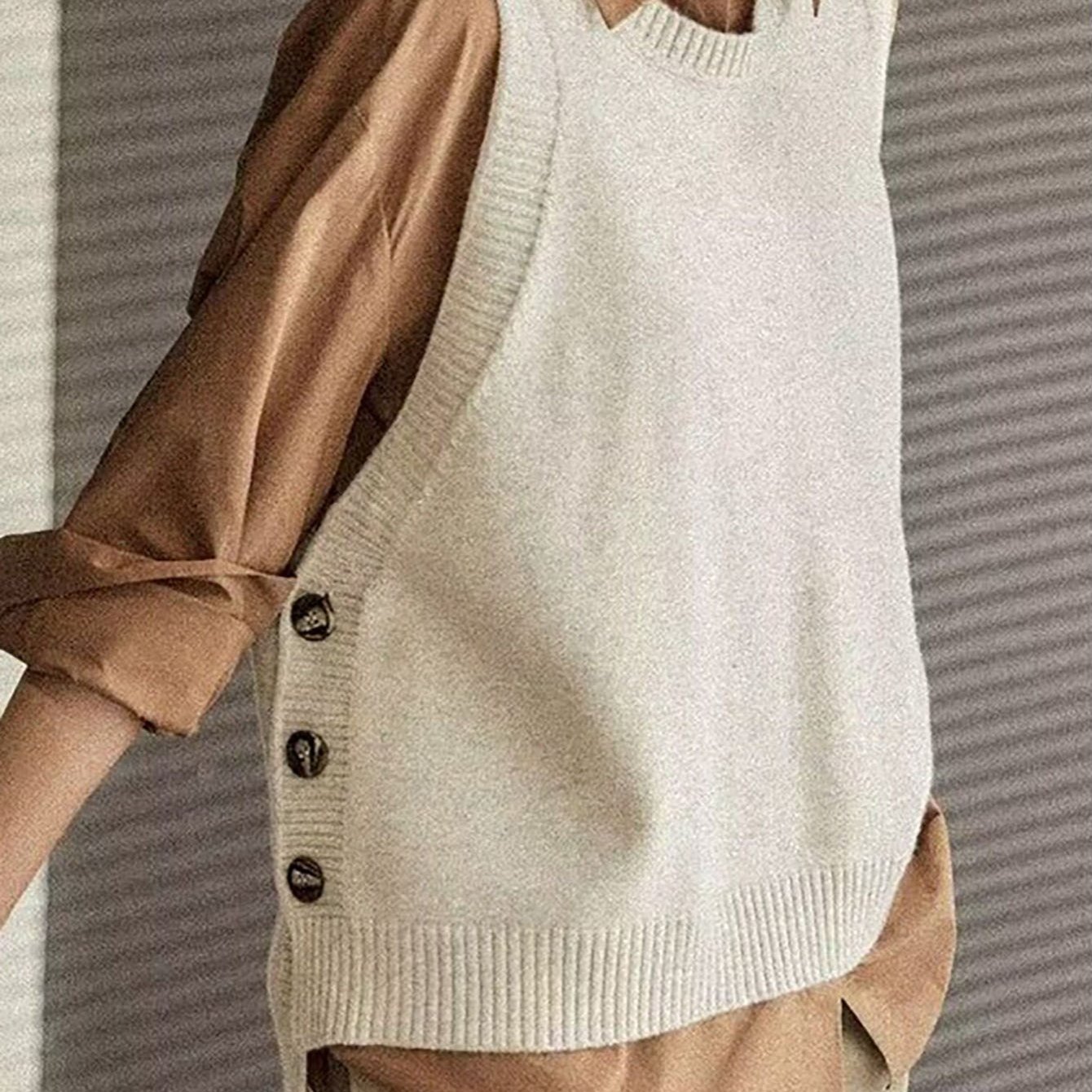 TEMU 여성용 라운드넥 민소매 베스트, 옆면 슬릿 디자인으로 루즈하고 스타일리시한 룩 연출, 봄철/가을/겨울에 완벽