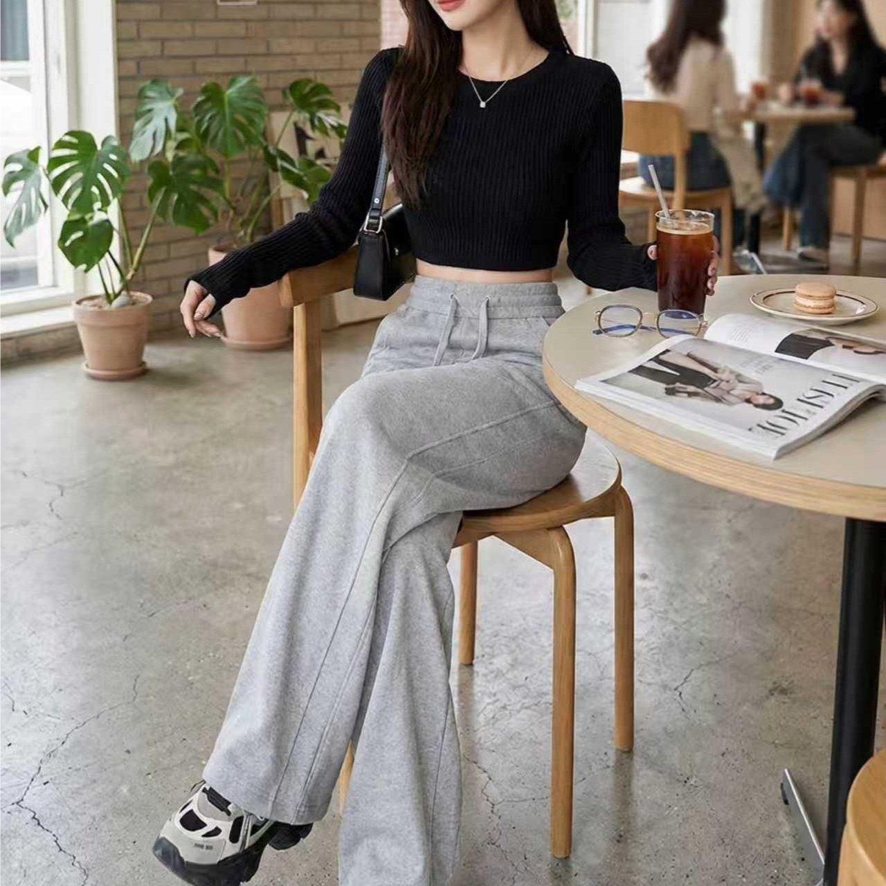 TEMU 좁은 와이드핏 스웨트팬츠 여성 하이웨스트 일자 통바지 사계절 착용 가능 편한 데일리 룩 홈웨어 외출용