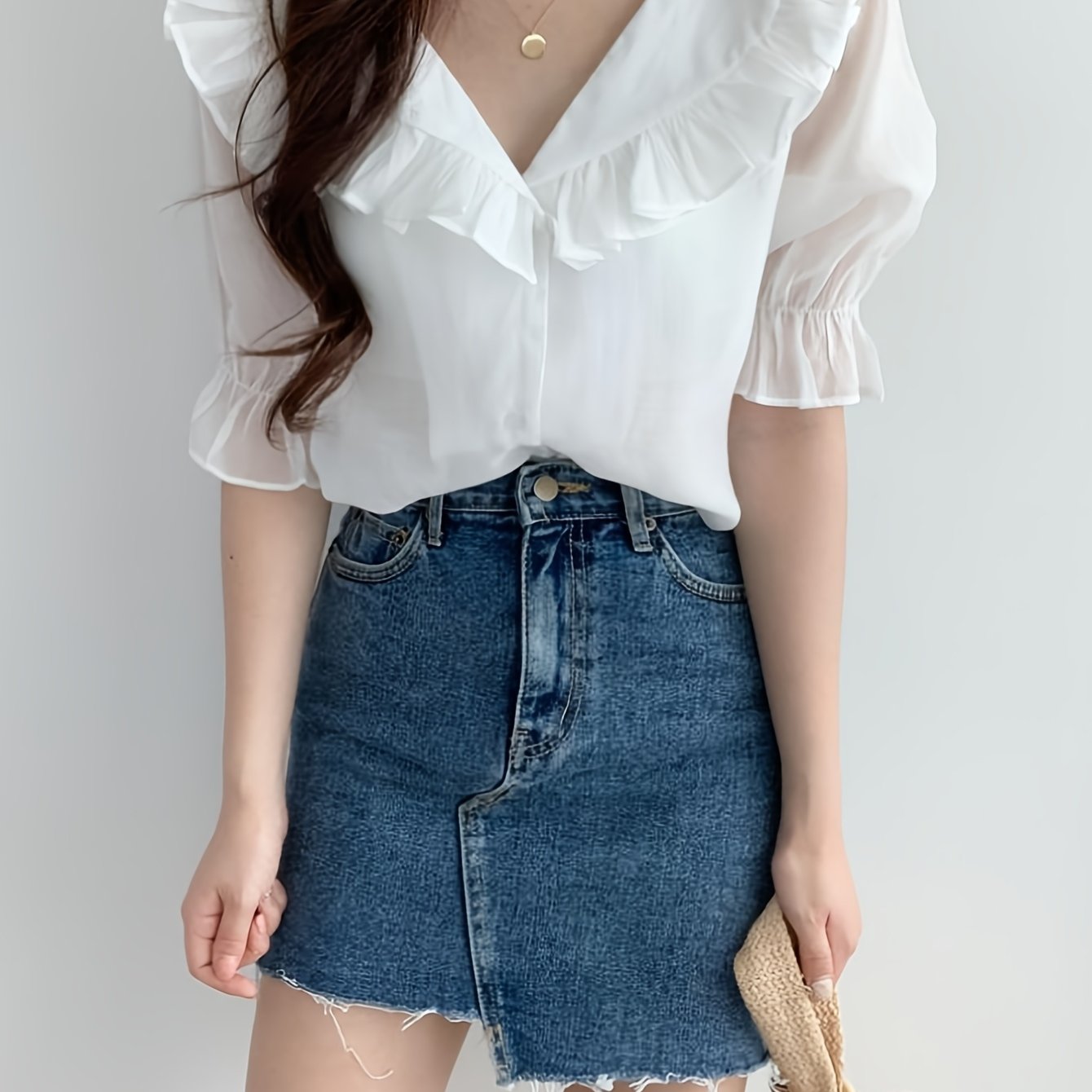 TEMU 여성 브이넥 프릴 블라우스 쉬폰 셔츠 퍼프소매 반팔 빅카라 체형커버 팔뚝커버 오피스룩 하객룩 데이트룩 페미닌 바캉스룩 시원한 여름