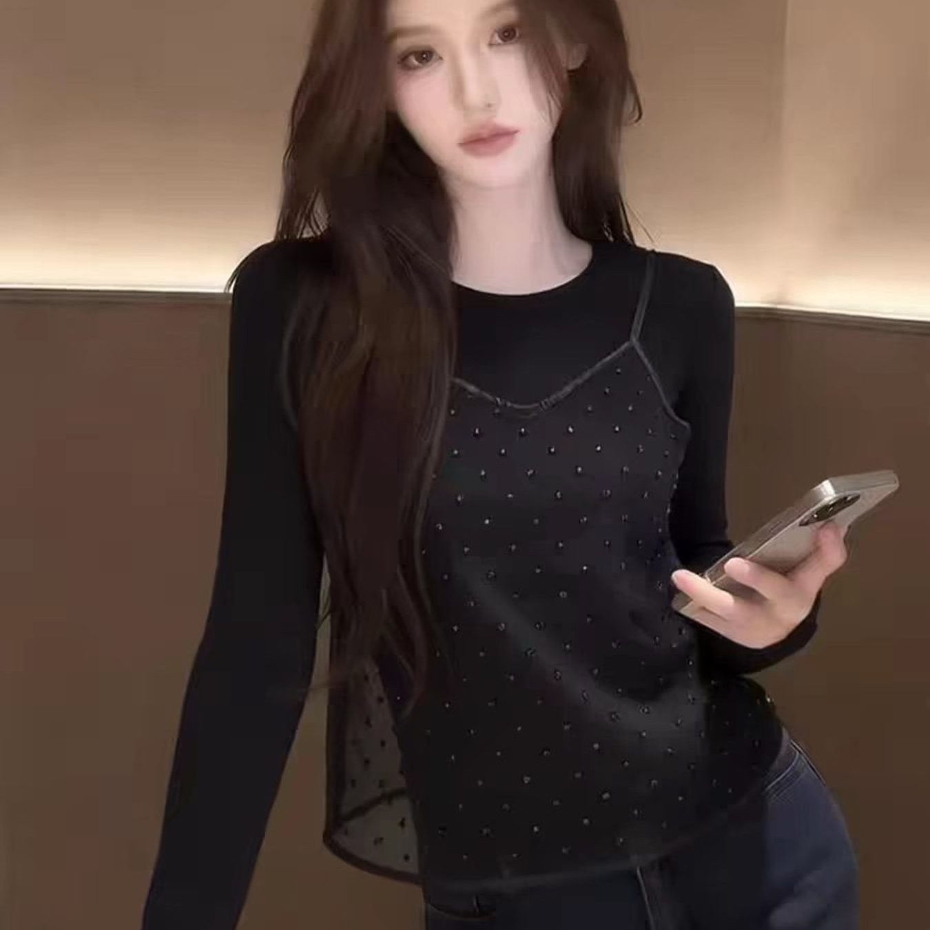TEMU 봄 여름 가을 신상 여성용 블랙 탑 수트 구슬 장식 메쉬 멜빵 레이어드 긴팔 티셔츠 투피스 세트