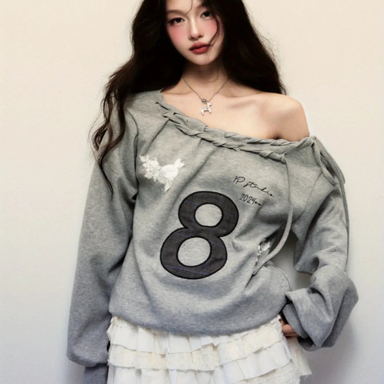 TEMU 여성 연회색 오프숄더 꽃 자수 스웨트셔츠 봄가을 캐주얼 라운드넥 티셔츠