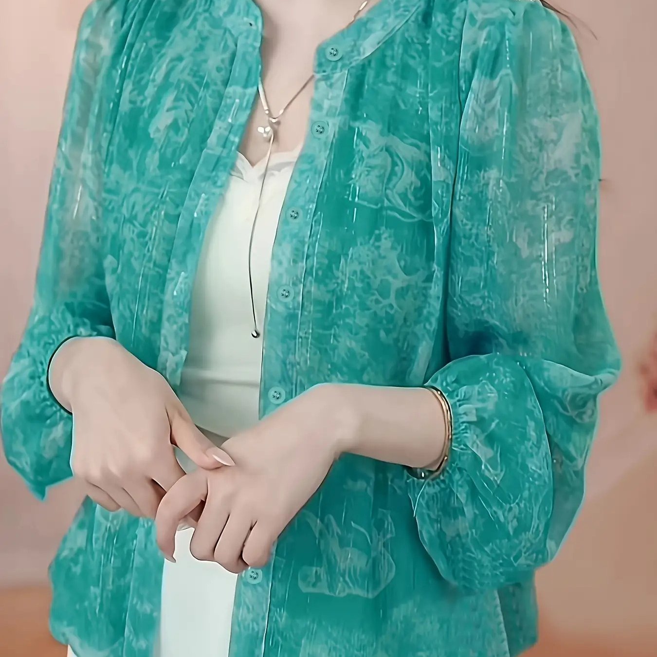 TEMU 여성 플라워 시스루 가디건 블라우스 얇은 여름 셔츠 차이나카라 루즈핏 체형커버 에어컨대비 살안타템 바캉스룩 비치웨어 페미닌 데일리 그린