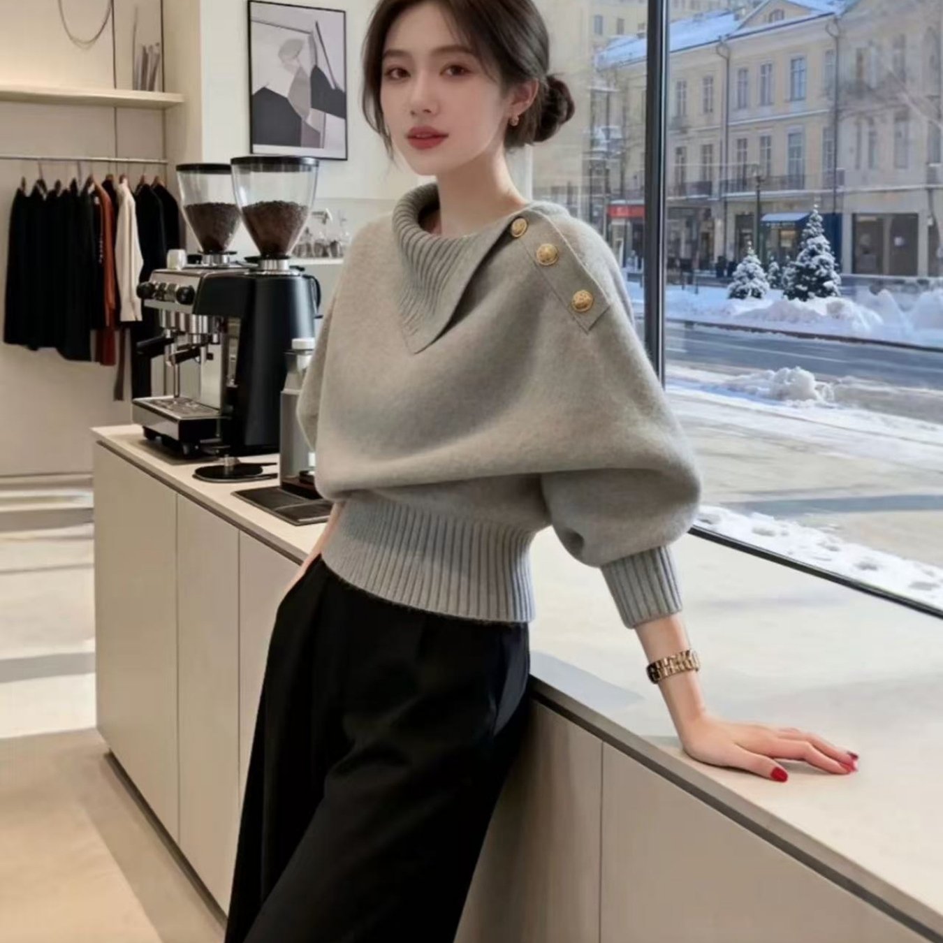 TEMU 부드러운 스타일 라펠 스웨터 여성용 스웨터 겉옷 가을/겨울 감성 연령감 줄임 하이엔드 풀오버 하의 상의