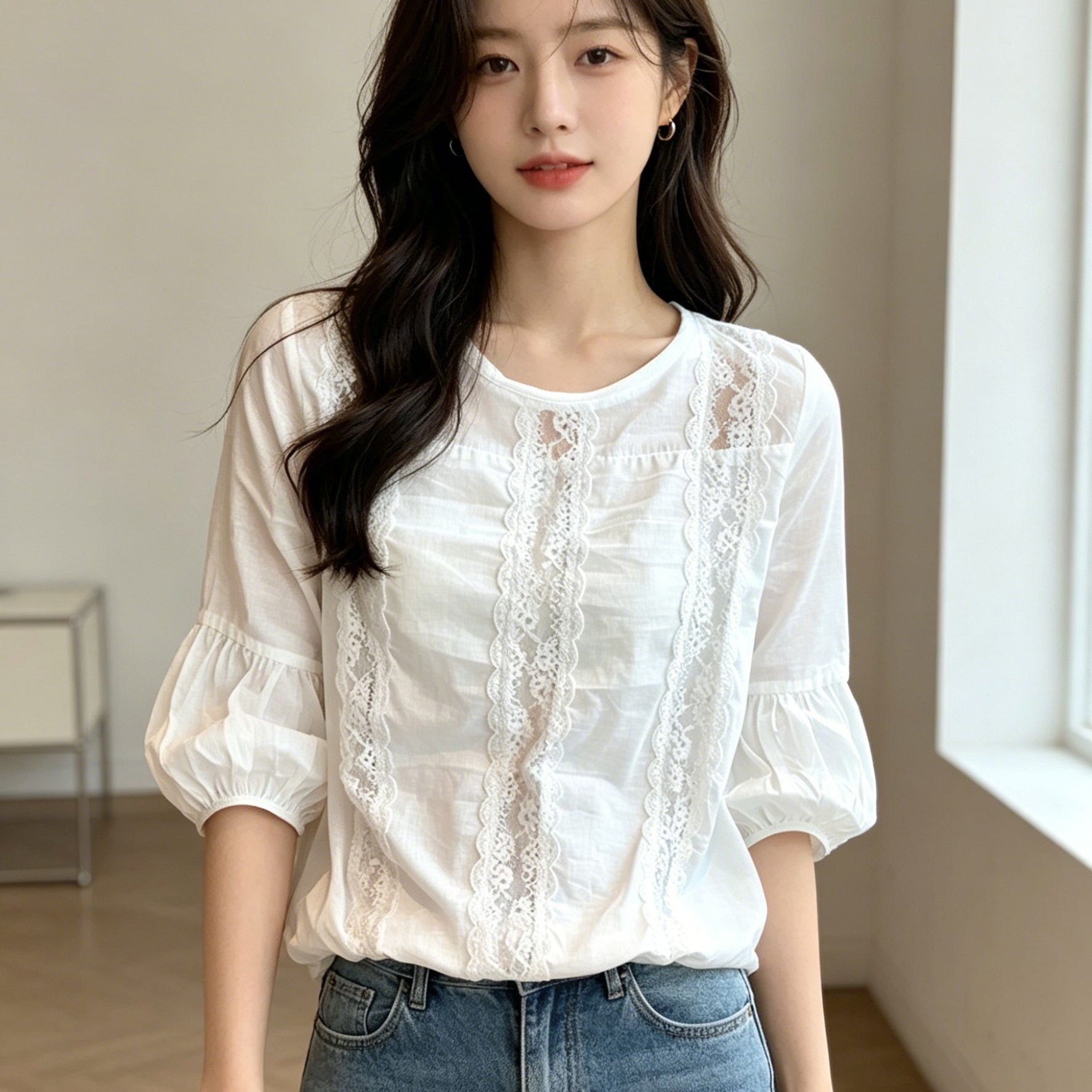TEMU 여성용 춘하추계 벌룬 소매 셔츠 데일리 캐주얼로 통근하기 좋으며 루즈핏 레이스 티 셔츠 상의 슬림소녀