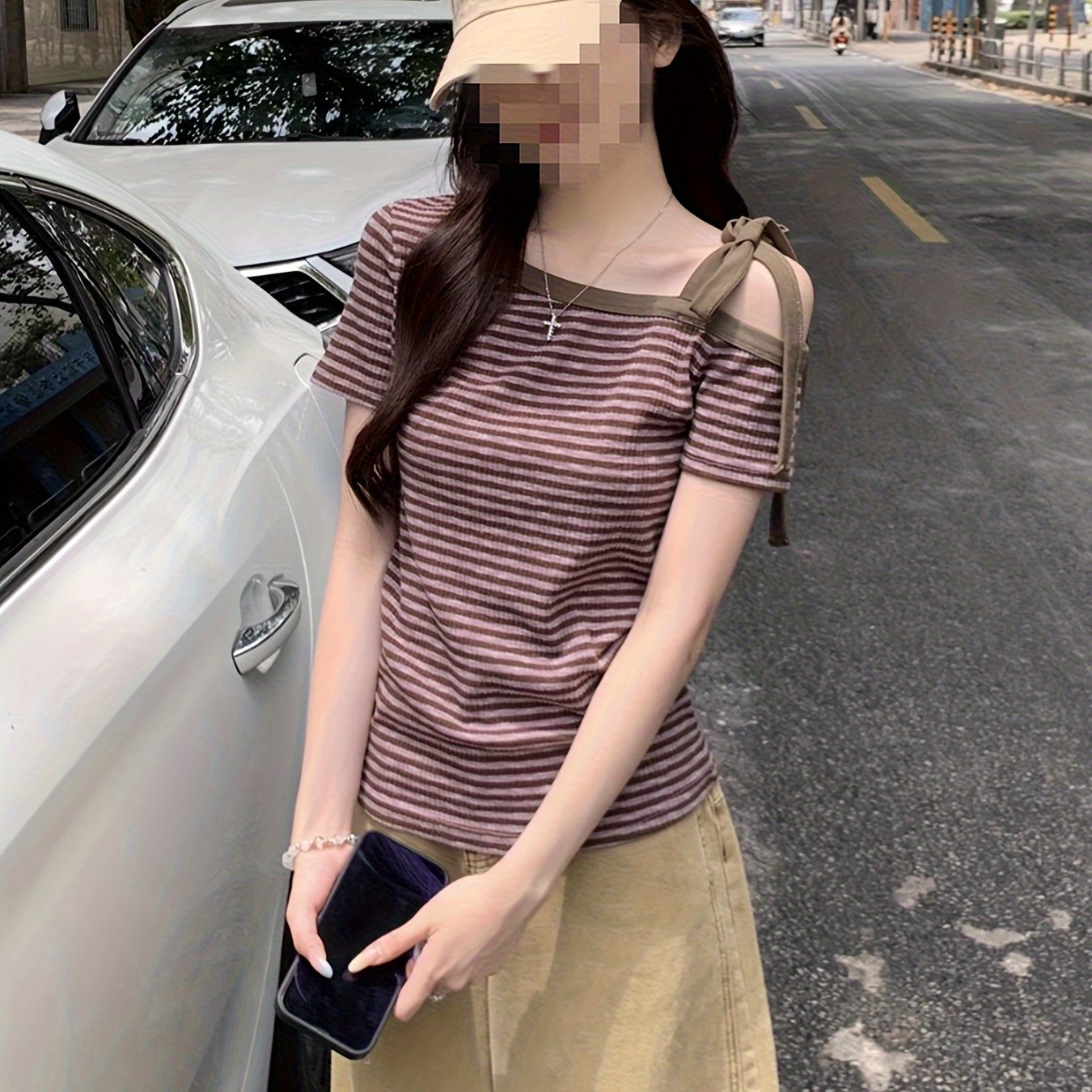 TEMU 여성 오프숄더 반팔 티셔츠 어깨트임 리본 단가라 티 슬림핏 골지 쫀쫀한 체형커버 데이트룩 꾸안꾸 힙한 페미닌 여름 상의