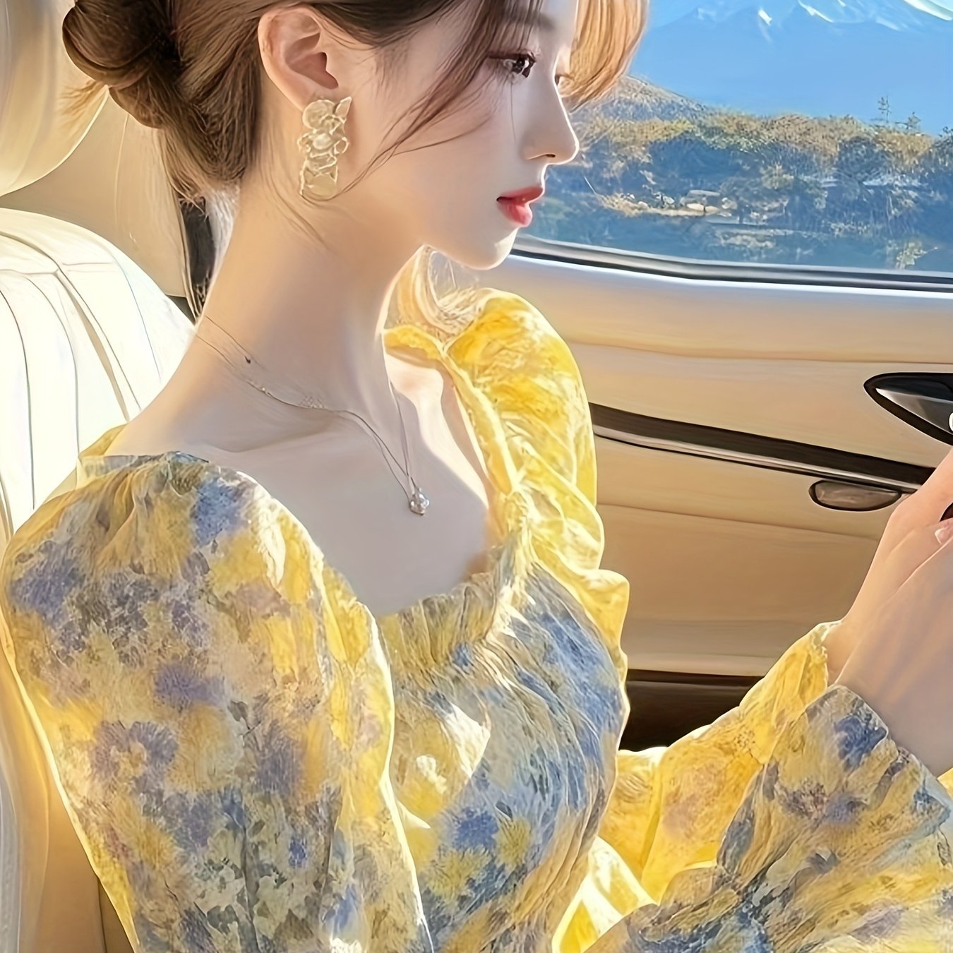 TEMU 여성 플라워 블라우스 스퀘어넥 퍼프소매 셔링 잔꽃 셔츠 페미닌 러블리 데이트룩 하객룩 프렌치시크 봄 신상 체형커버 얼굴소멸룩 옐로우 블루