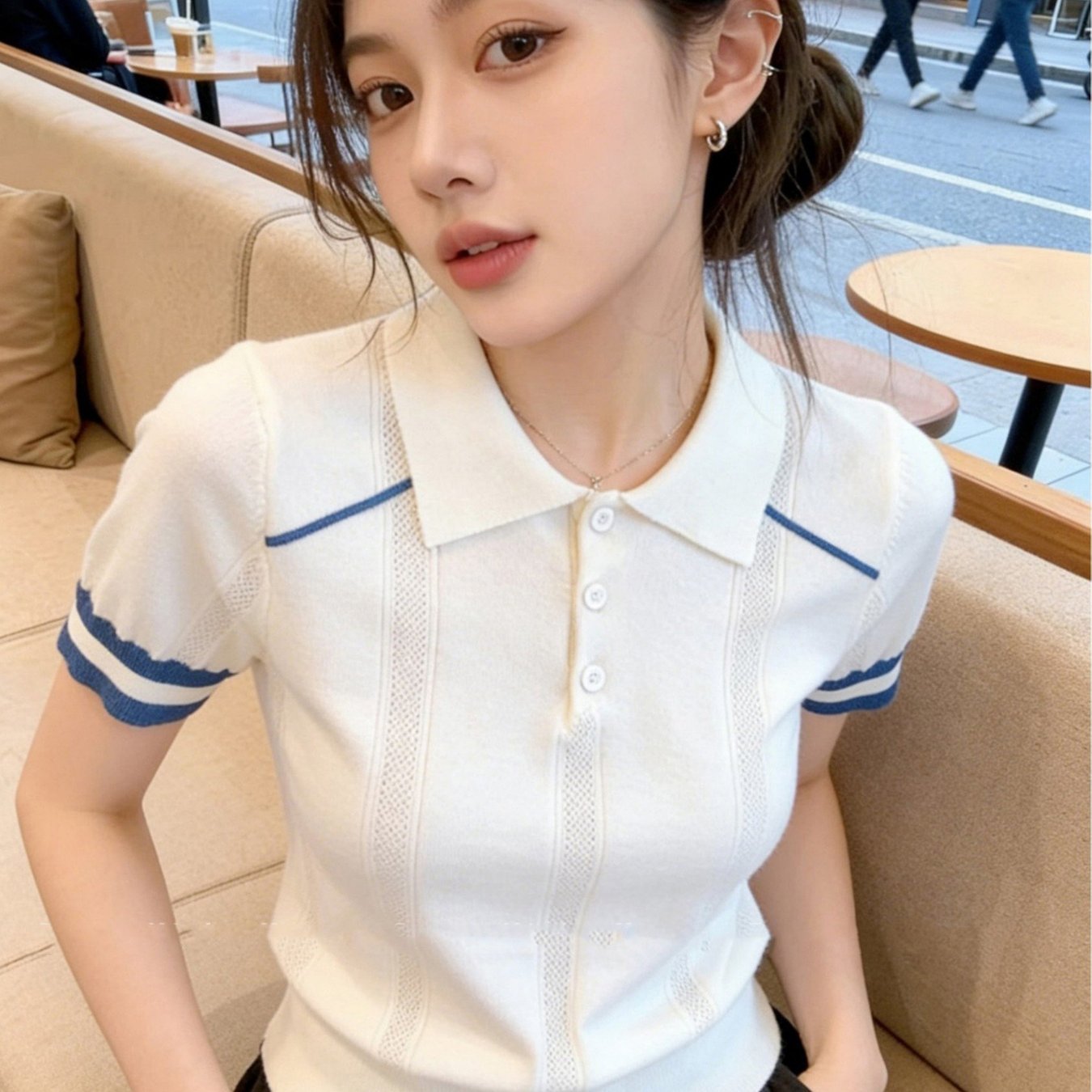 TEMU 여성용 대비색 폴로 칼라 니트 반팔 티셔츠, 여름 올드 머니 스타일 의상, 웨스턴 스타일 포워드 숄더 라펠 스몰 탑