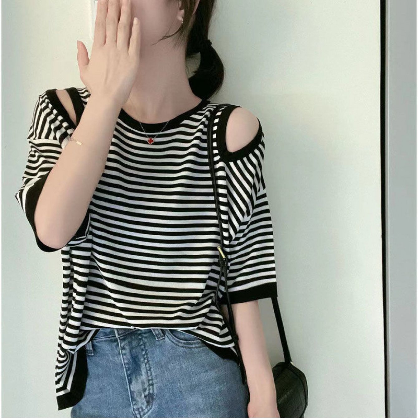 TEMU 여성 반팔티셔츠 단가라 티셔츠 어깨트임 오프숄더 루즈핏 빅사이즈 체형커버 팔뚝커버 날씬해보이는 꾸안꾸 캐주얼 여름 상의