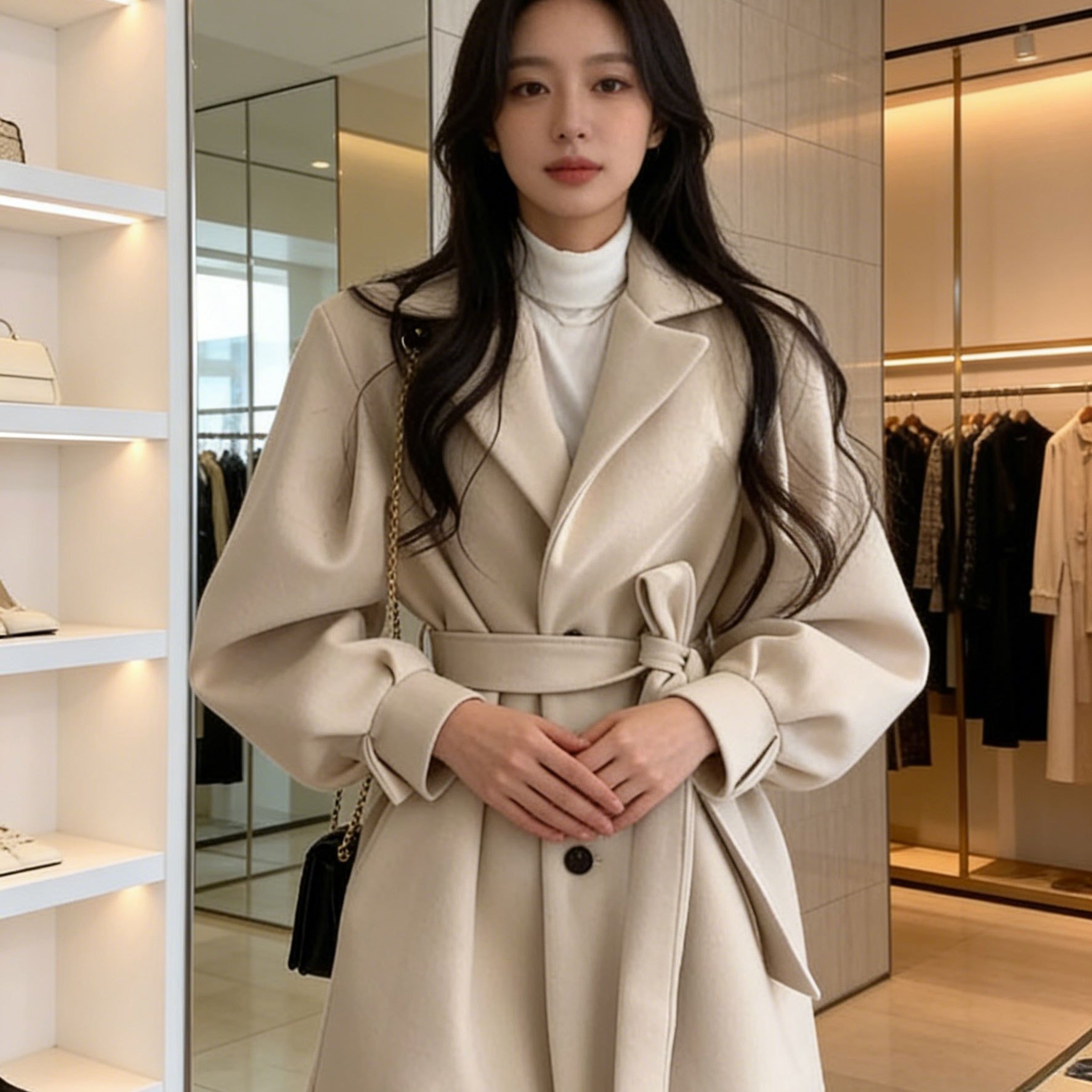 TEMU 여성 춘추 계절 신상 벨트 디자인 카라넥 트렌치 하프 코트 자켓 고급 클래식 슬림핏 슬림소녀