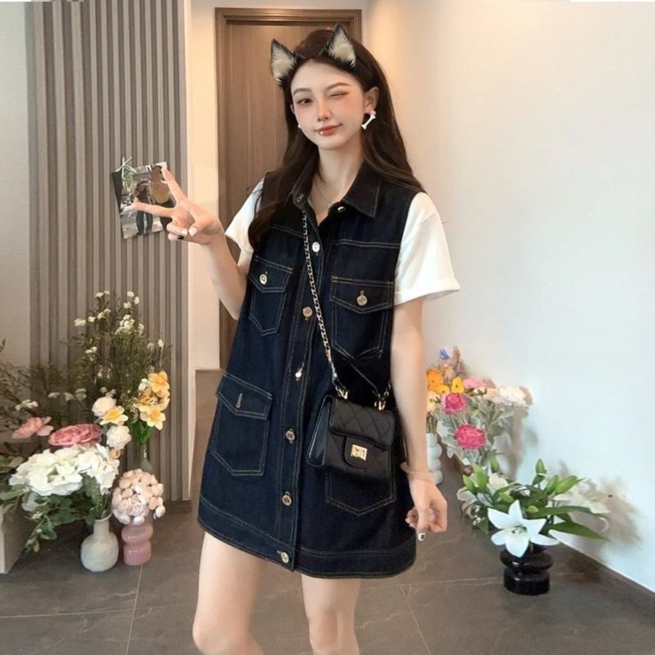 TEMU 데님 베스트 원피스 루즈핏 여름 여성 미디엄 길이 캐주얼 드레스