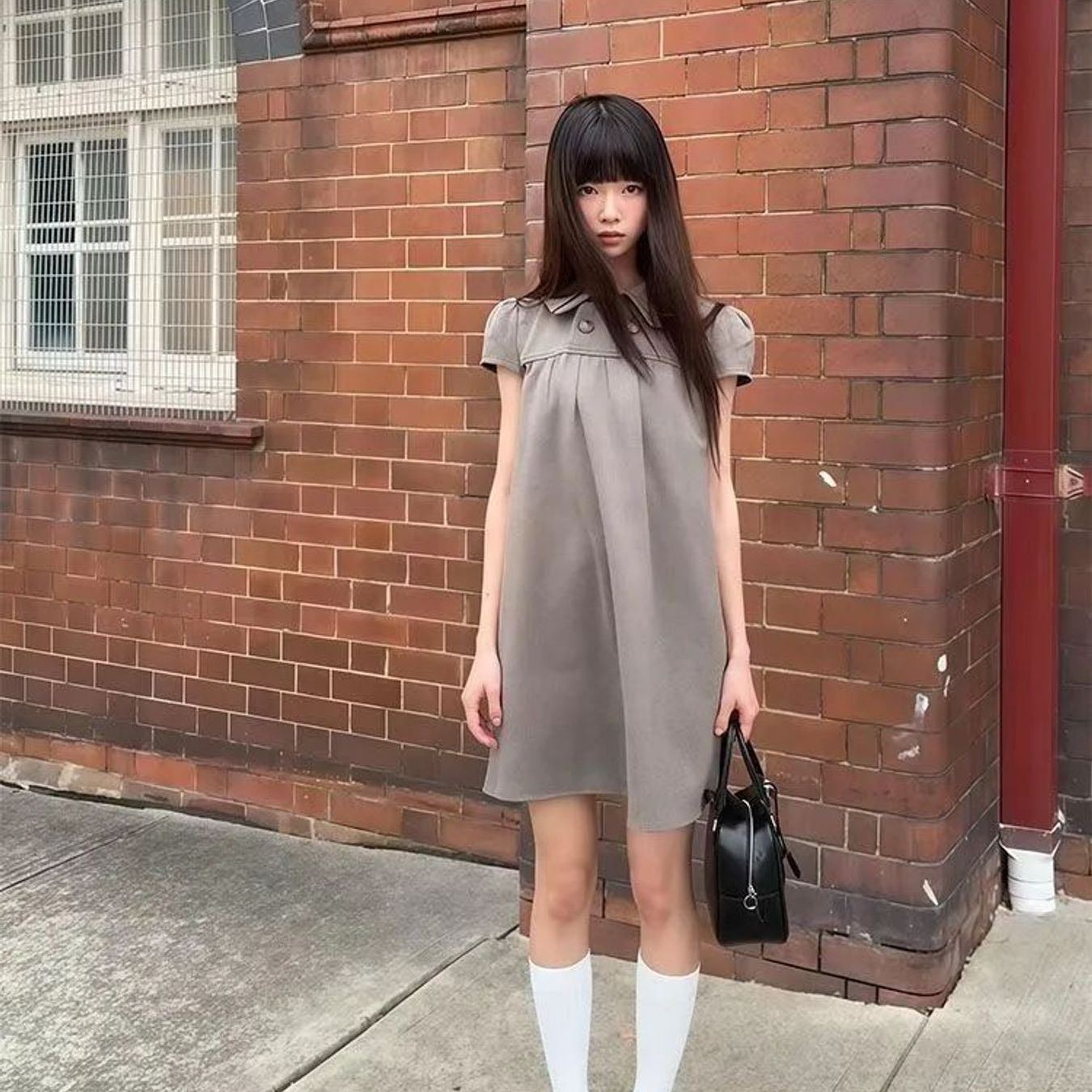 TEMU 레트로 체크 라펠 반팔 원피스 여성 여름 신상 대학생 스타일 루즈핏 외국 스타일 초예쁜 반바지 스커트