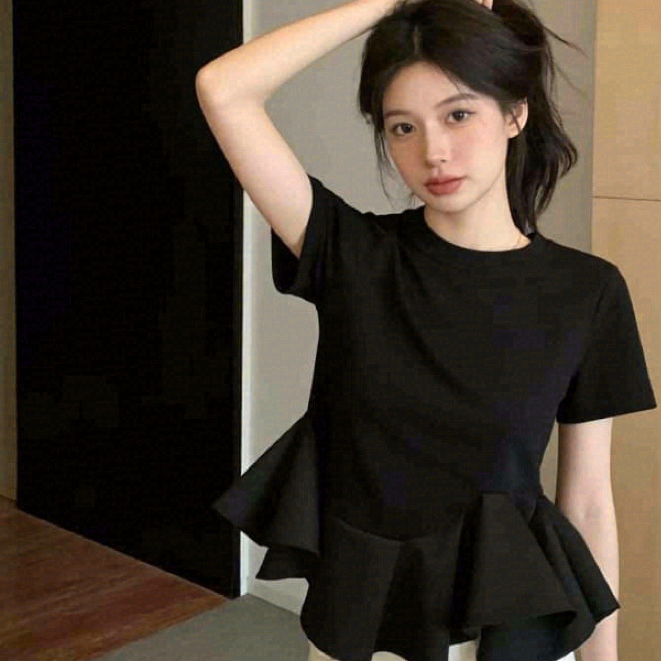 TEMU 여름 신상 불규칙 러플 스플라이싱 밑단 반바지 여성 허리 탑