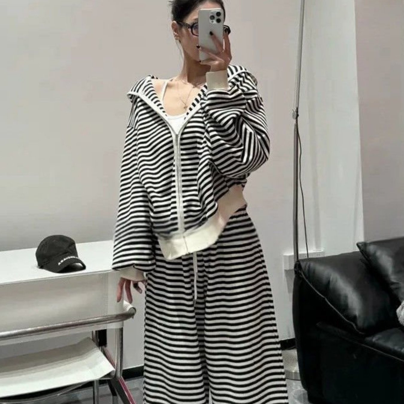 TEMU 여성용 봄가을 블랙 화이트 캐주얼 후드 레그 팬츠 투피스 세트