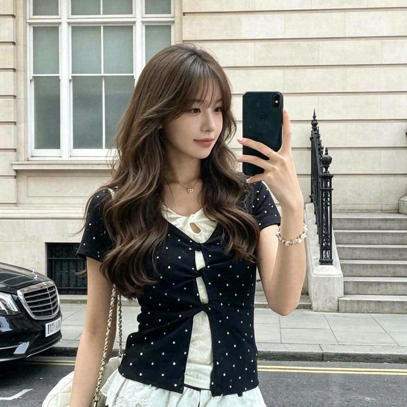 TEMU 블랙 폴카 도트 페이크 투피스 레이스 앞 어깨 반팔 티셔츠 여성 여름 디자인 탑