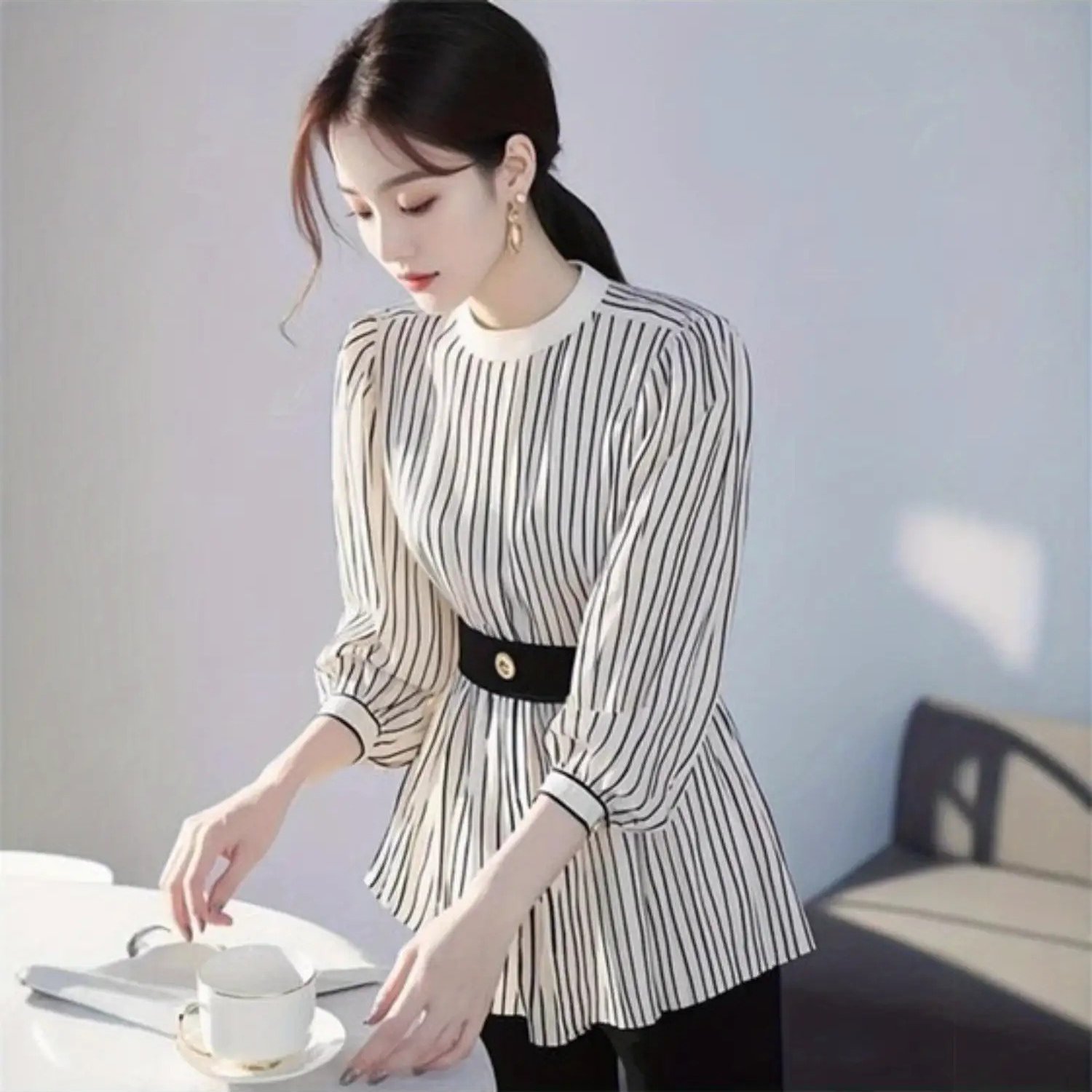 TEMU 여성 블라우스 긴팔 허리라인 배색 줄무늬 셔츠 날씬해보이는 체형커버 오피스룩 출근룩 하객룩 페미닌 프렌치시크 가을 상의