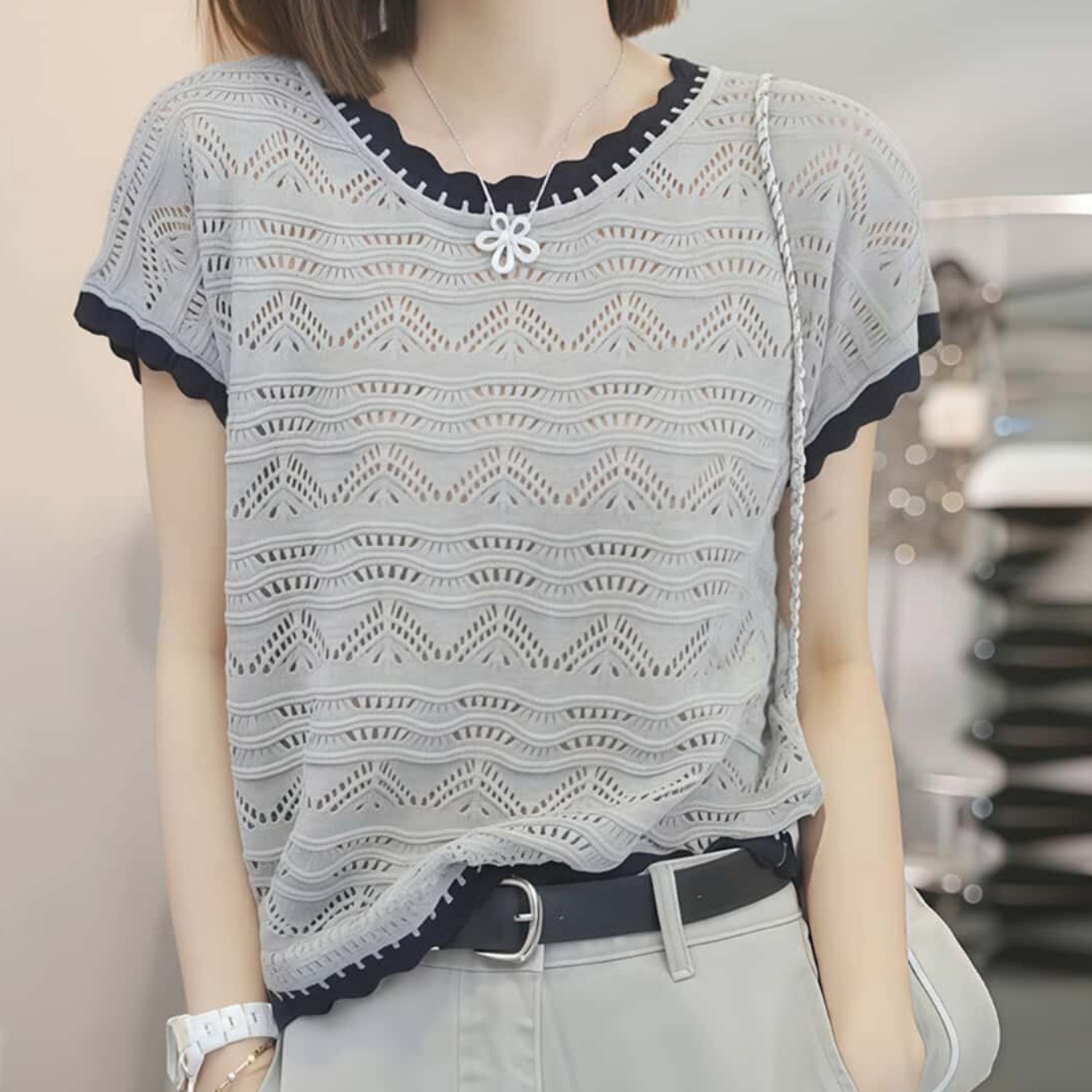 TEMU 봄 여름 가을 신상 얇은 속이 빈 반팔 라운드넥 레이스 스플라이싱 패션 상의