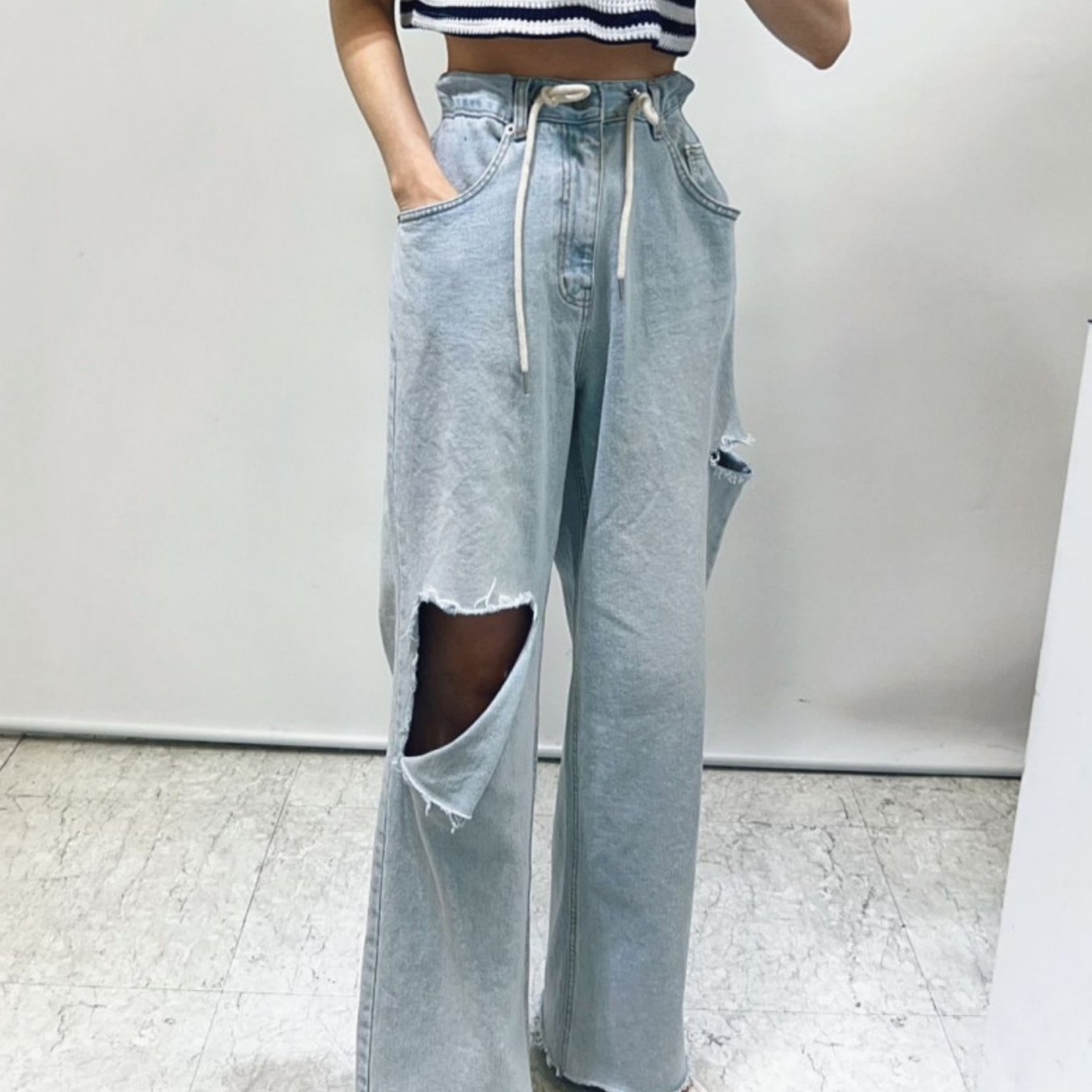 TEMU 한국 스타일 찢어진 캐주얼 바지 얇은 원단