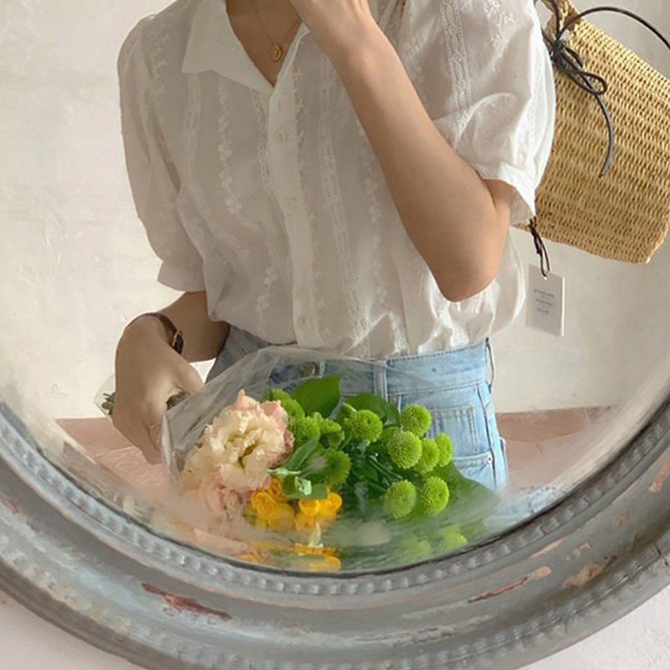 TEMU 여성 여름 러블리 뷰티 프레시 레이스 자수 심플 솔리드 편안 통기 원단 소프트 반팔 셔츠 상의