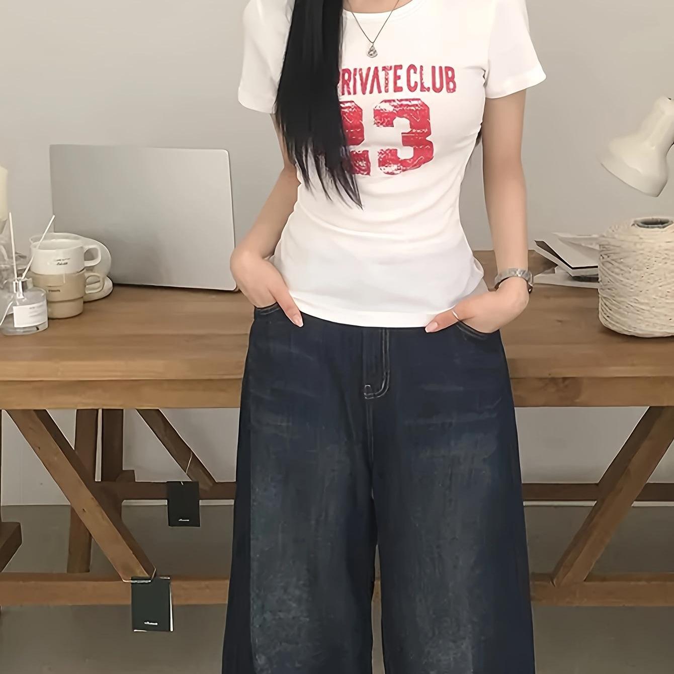 TEMU 남녀공용 여성용 아메리칸 빈티지 블랙 반팔 티셔츠, 숄더 레터 프린트 디자인, 여름 의상에 완벽, 트렌디한 스타일의 슬림핏