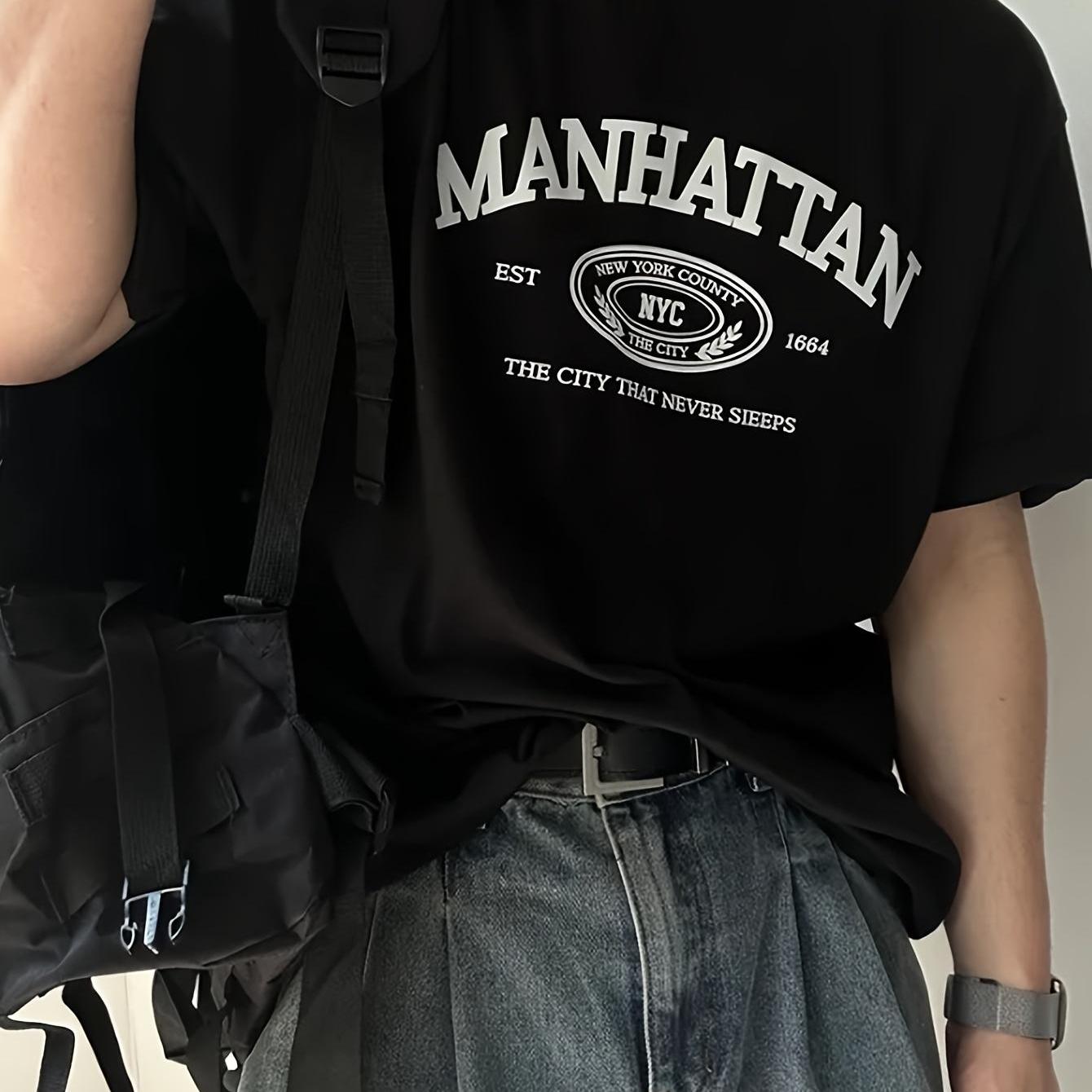 TEMU 남성 캐주얼 맨해튼 그래픽 티셔츠 - 부드러운 면 소재, 반소매, 크루넥, 여유로운 핏, 여름 스타일, 일상 편안함을 위한 유니섹스 티셔츠, 커플 스타일