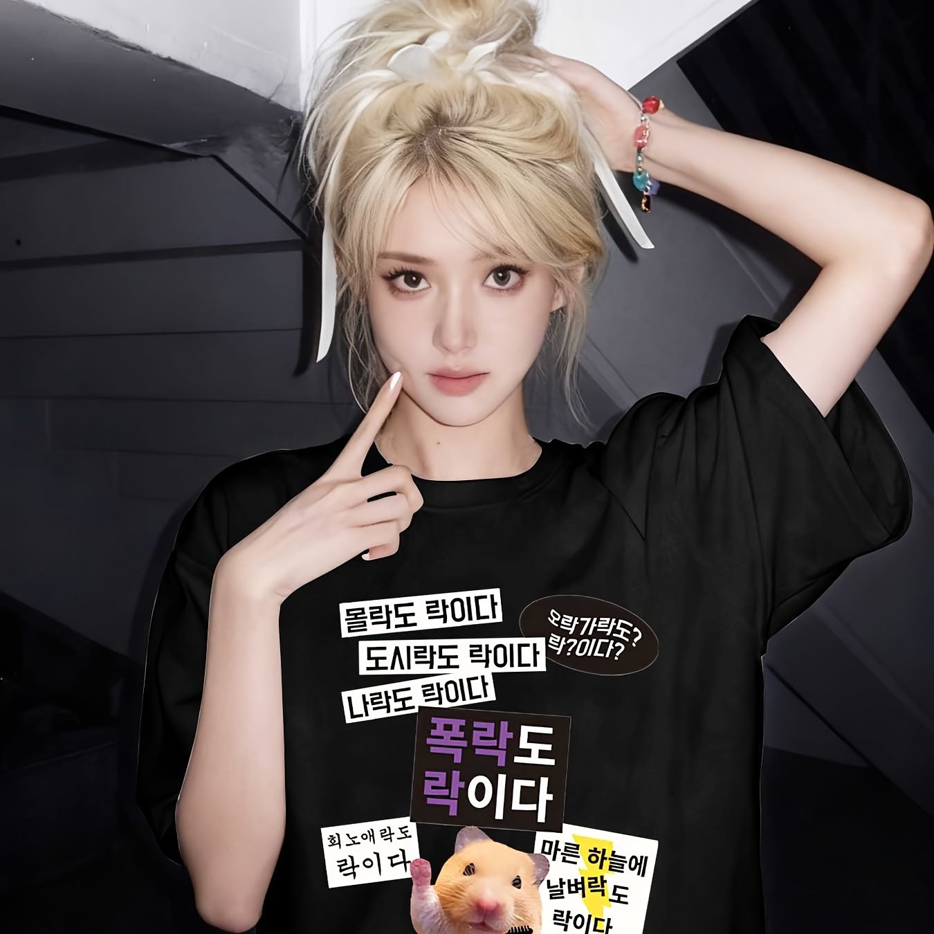 TEMU 낙하 어깨 여름 우아한 그리고 독특한 여성용 짧은 소매 티셔츠 재미있는 한국어 바위 슬로건 "Molakdo락이다" 그리고 기타 플레이 중 햄스터 패턴 짧은 소매 티셔츠 재미있는 그리고 재미있는 스타일, 편안한 그리고 피부 친화적인 매일 캐주얼 착용 상단