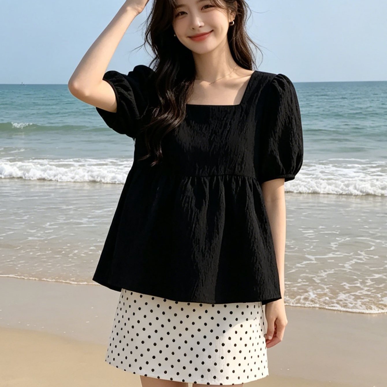 TEMU 여성 여름 반팔 상의 스퀘어넥 퍼프소매 루즈핏 심플 통기 편안한 셔츠 슬림소녀