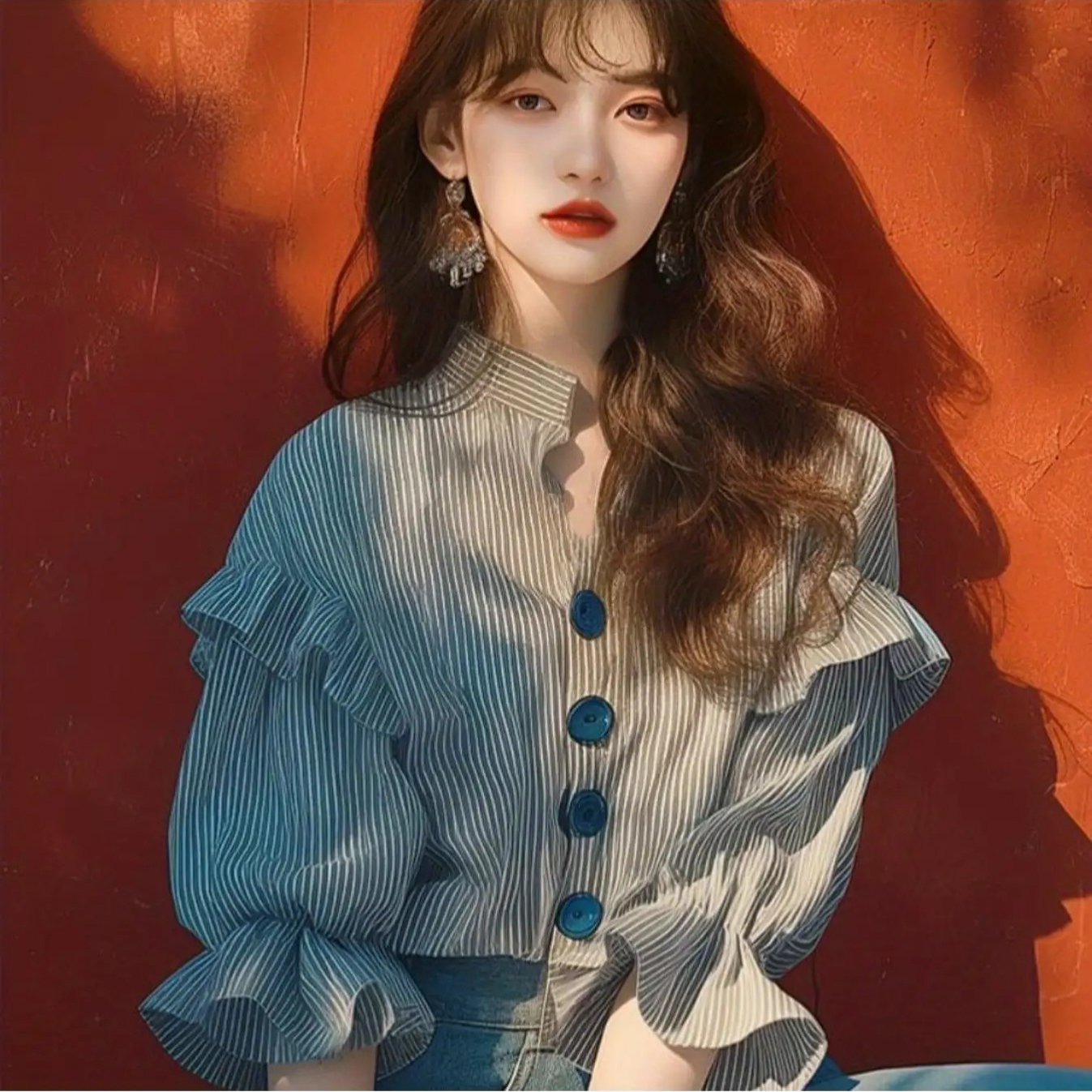 TEMU 여성 블라우스 셔츠 줄무늬 프릴 퍼프소매 차이나카라 체형커버 비침없는 오피스룩 출근룩 데이트룩 러블리 페미닌 여름 꾸안꾸