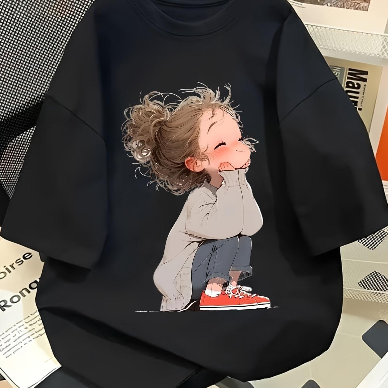 TEMU 여성용 캐주얼 라운드넥 반소매 티셔츠로 귀여운 애니메이션 프린트가 특징입니다. 블라우스와 매치하기 좋으며, 봄, 여름, 가을의 일상복에 적합합니다. 세탁기 사용 가능하며, 일반적인 라운드넥 티셔츠가 아니라 사무실 및 일상복에 이상적입니다. 유니섹스, 커...