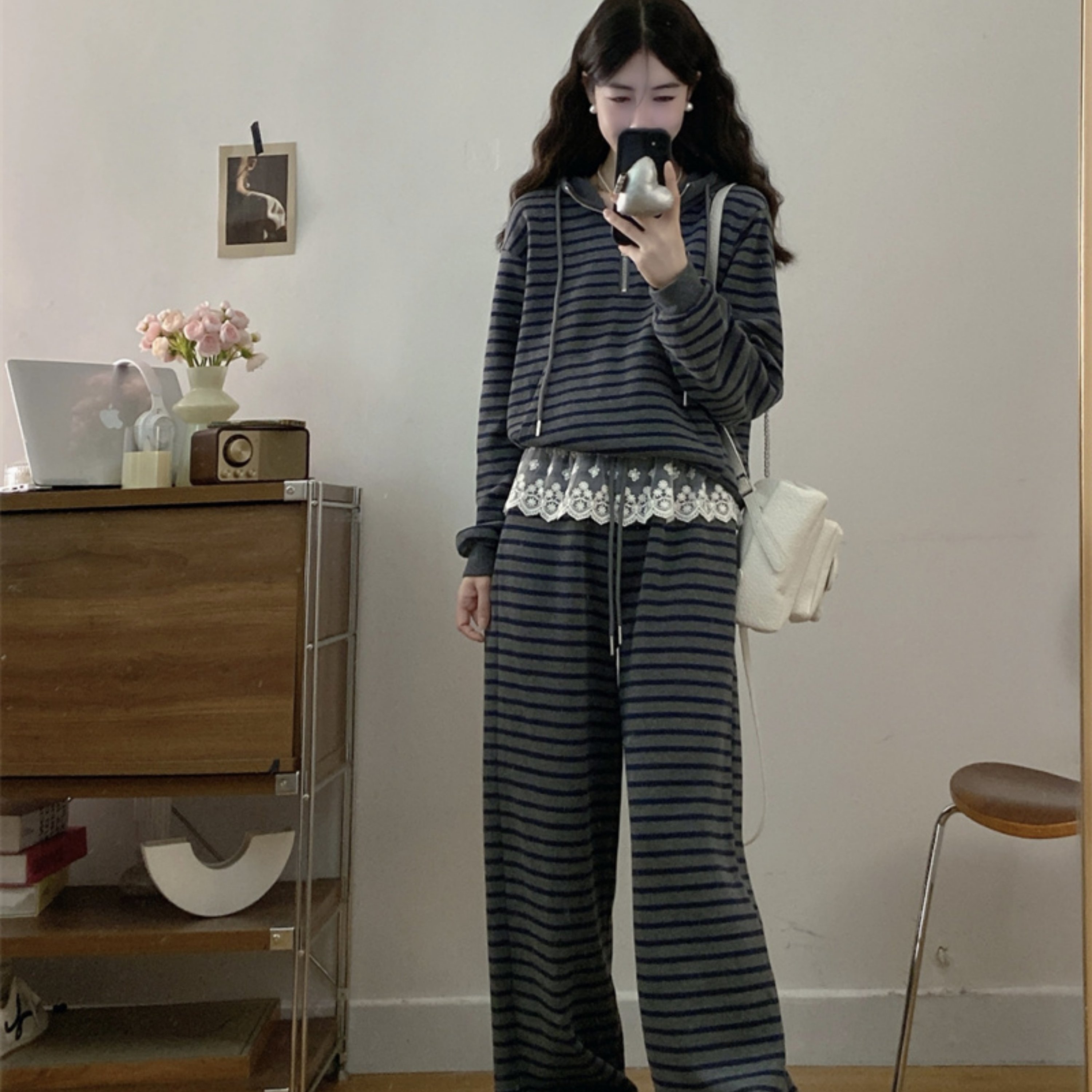 TEMU 한국 스티프 스웨터 캐주얼 스포츠 여성용 신상 레이스 스플라이싱 와이드 레그 팬츠 투피스 세트