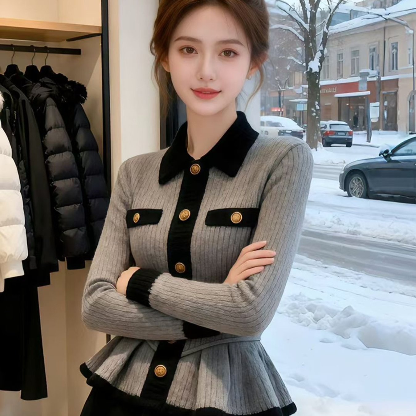 TEMU 스프링 그레이 스티칭 탑 (한국 버전), 멋진 스타일, 가볍고 우아한 성격, 허리 핀칭, 컬러 재킷