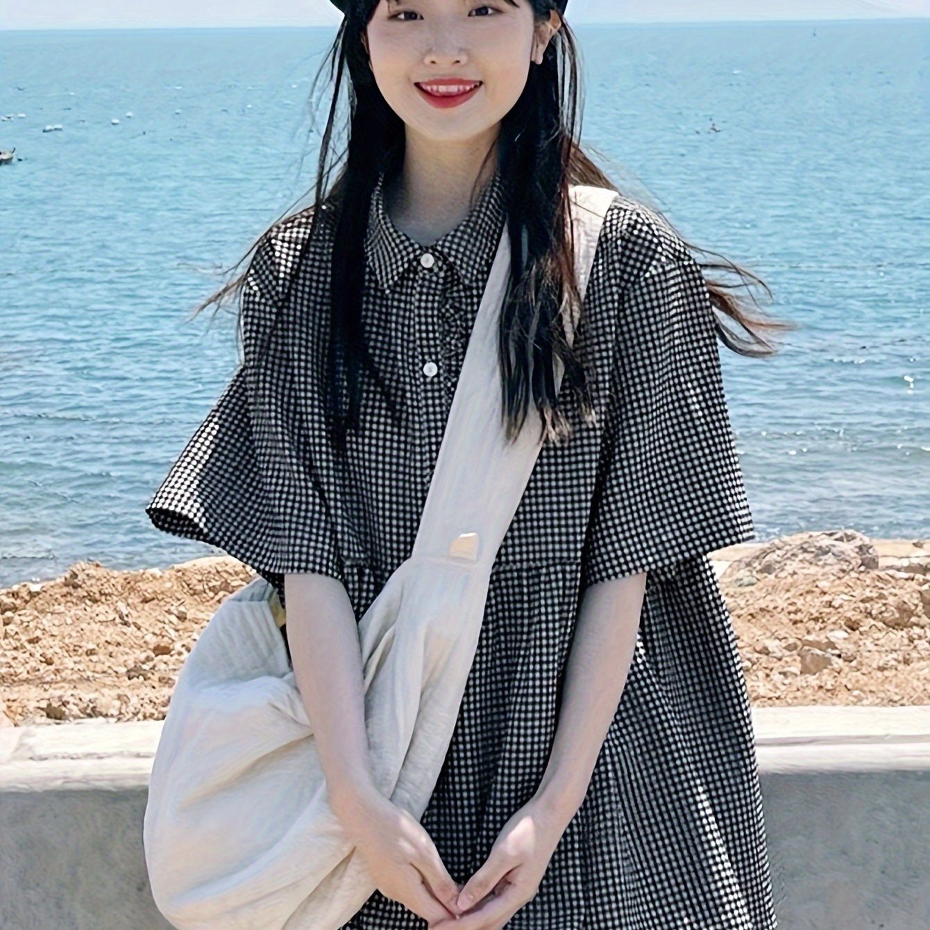 TEMU 여성 체크 반팔 셔츠 루즈핏 남방 여름 잔체크 카라 블라우스 체형커버 러블리 빈티지 바캉스룩 꾸안꾸 시원한 가벼운 상의