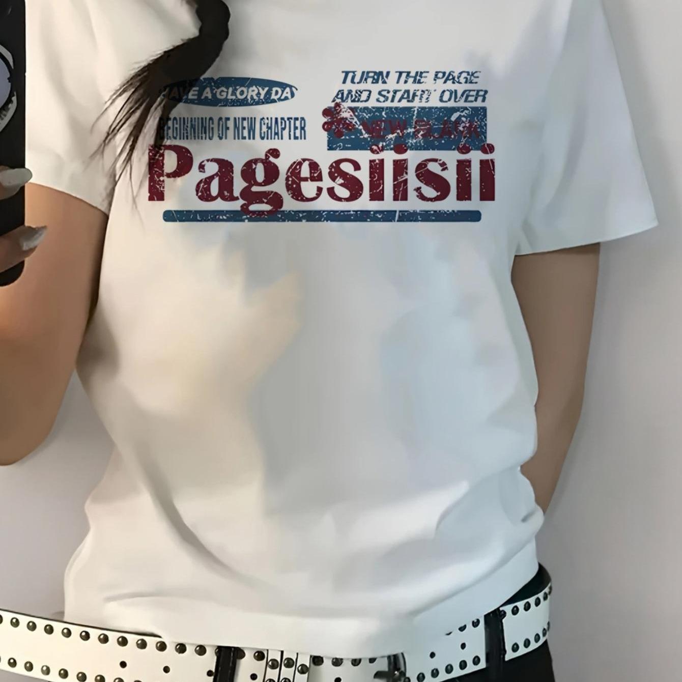 TEMU 패션 트렌드 패턴 문자 프린트 반팔 티셔츠, 캐주얼 반팔 - 여름에 완벽한 선택 편안한 여성 패션 - 부드럽고 통기성이 좋은 일상 캐주얼 의류