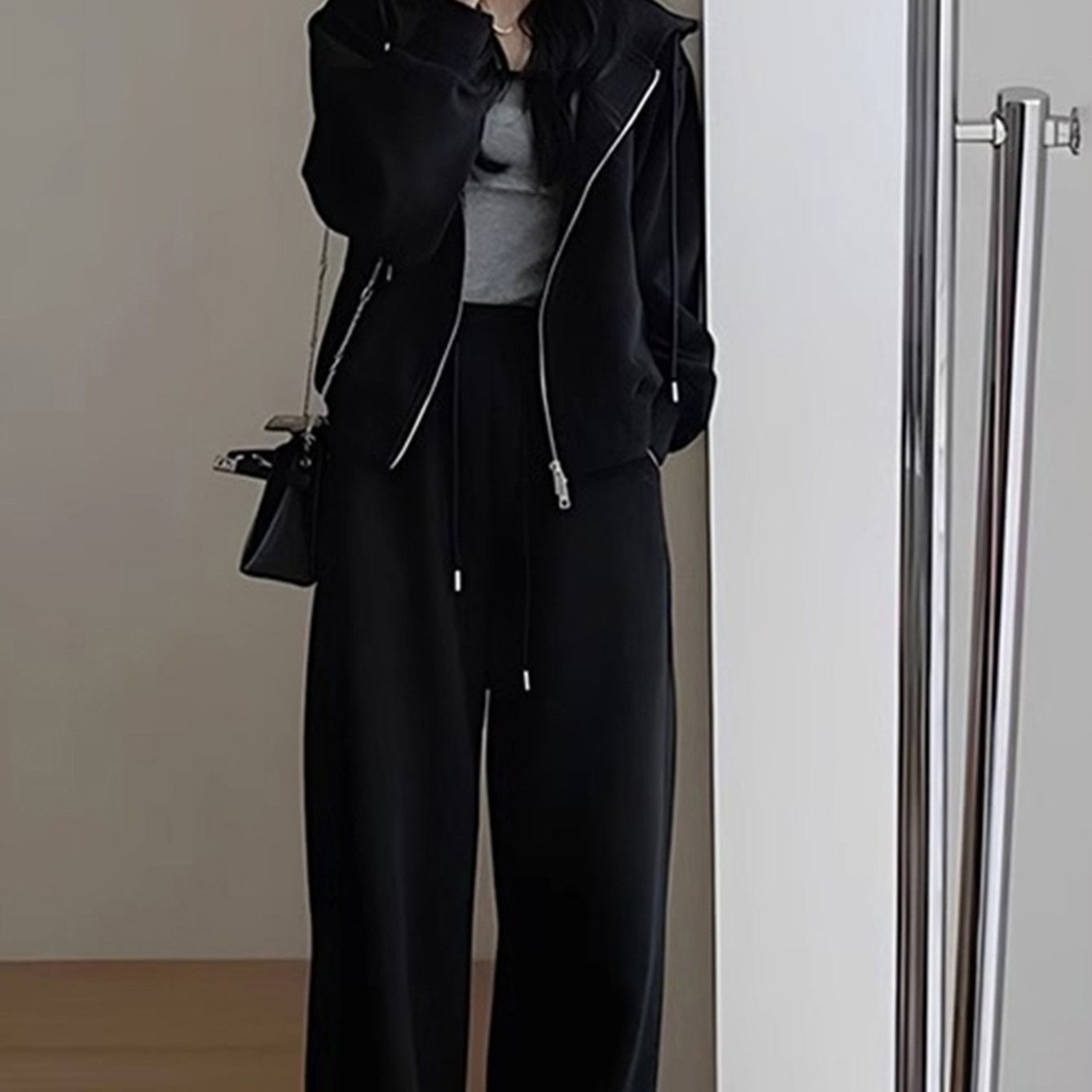 TEMU 봄가을 캐주얼 맨투맨 트레이닝 세트 여 슬림 와이드 팬츠 후드 투피스