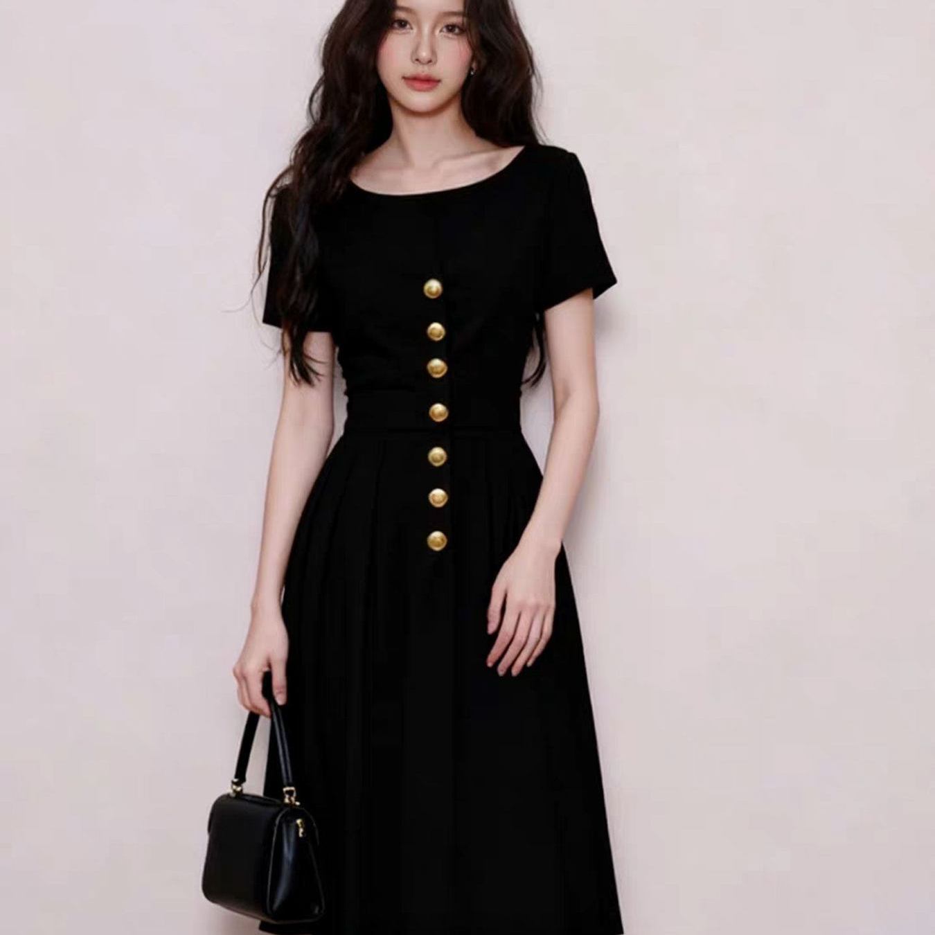 TEMU 여름 신상 여성용 프렌치 라이트 매트어 스타일 U넥 반팔 원피스, 하이엔드 허리 슬리밍 미디엄 레인지 스커트