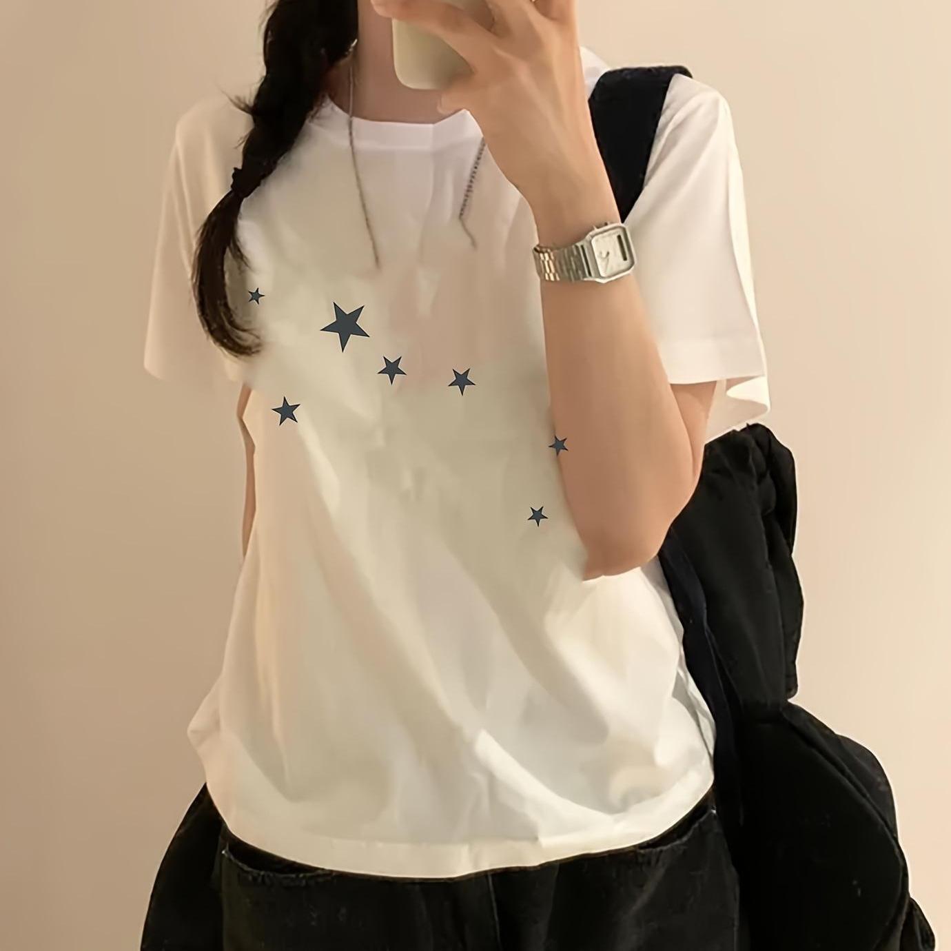 TEMU 별무늬 프린트 패턴 유니섹스 캐주얼 다용도 반팔 티셔츠 여름 스포츠 상의 유니섹스, 커플 스타일