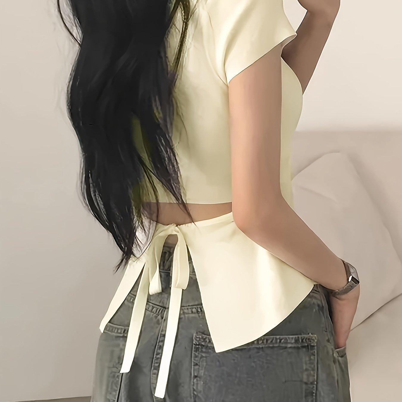 TEMU 여성 백리스 리본 반팔 티셔츠 뒤트임 슬림핏 유니크 반전매력 섹시백 크롭탑 힙한 데이트룩 바캉스룩 페스티벌룩 꾸안꾸 옐로우
