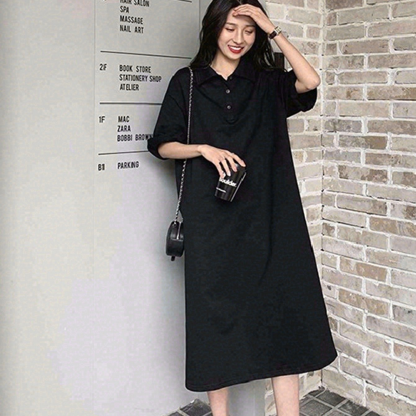 TEMU 여름 포켓 폴로 카라 플러스 사이즈 루즈핏 티셔츠 스커트 여성용 슬릿 반팔 원피스