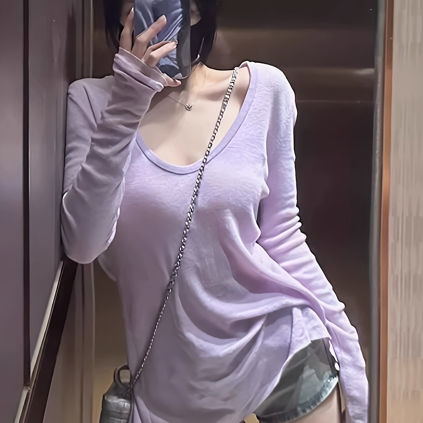 TEMU 여성 딥 브이넥 긴팔 티셔츠 루즈핏 체형커버 여리여리한 찰랑거리는 얇은 여름 상의 라벤더 꾸안꾸 롱슬리브 시스루