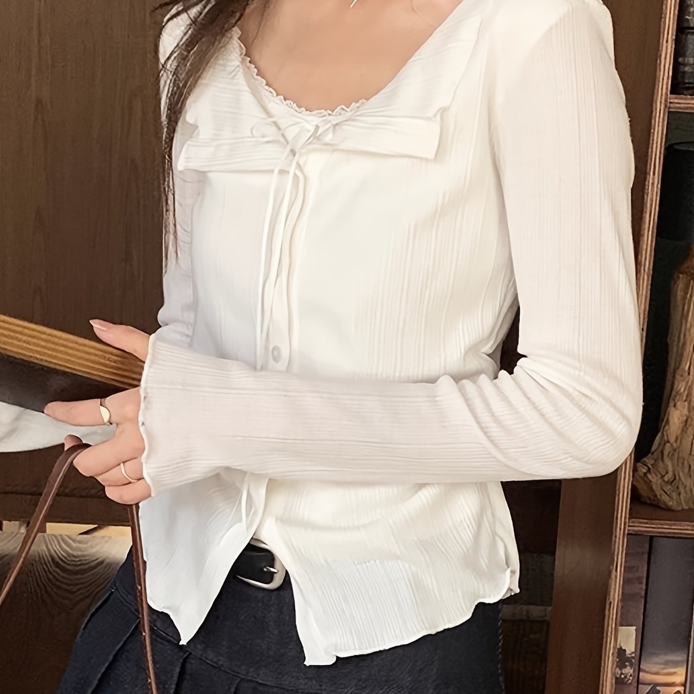 TEMU 여성 레이스 리본 긴팔 티셔츠 셔링 프릴 블라우스 슬림핏 날씬해보이는 여리여리한 페미닌 데이트룩 하객룩 꾸안꾸 빈티지 화이트 가을 상의