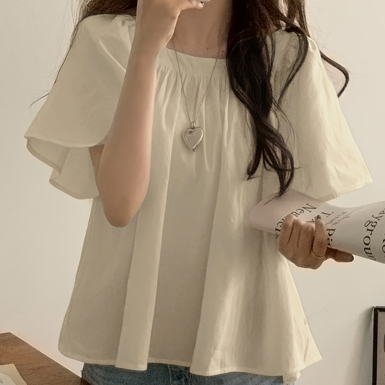 TEMU 여성 스퀘어넥 블라우스 반팔 셔츠 셔링 프릴소매 루즈핏 체형커버 팔뚝커버 시원한 여름 오피스룩 출근룩 데일리 꾸안꾸 페미닌 상의 소라색