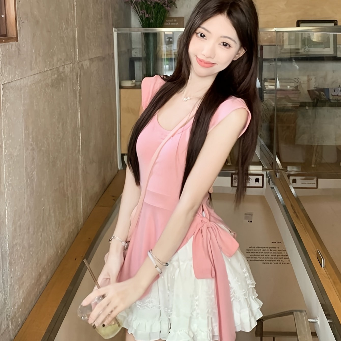 TEMU 여성 리본 프릴 나시 티셔츠 민소매 블라우스 스퀘어넥 슬림핏 체형커버 날씬해보이는 발레코어 러블리 데이트룩 바캉스룩 꾸안꾸 시원한 여름 핑크