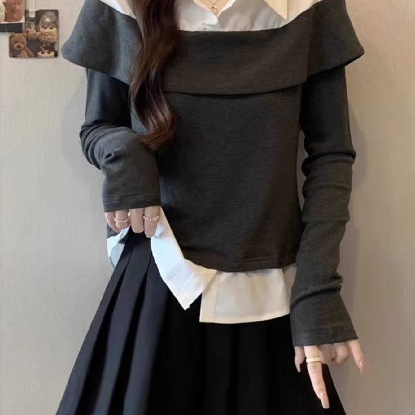 TEMU 가을 여성 빅사이즈 레이어드 셔츠 탑, 배색 패치 투인원 카라 디자인 슬림무드 데일리 상의