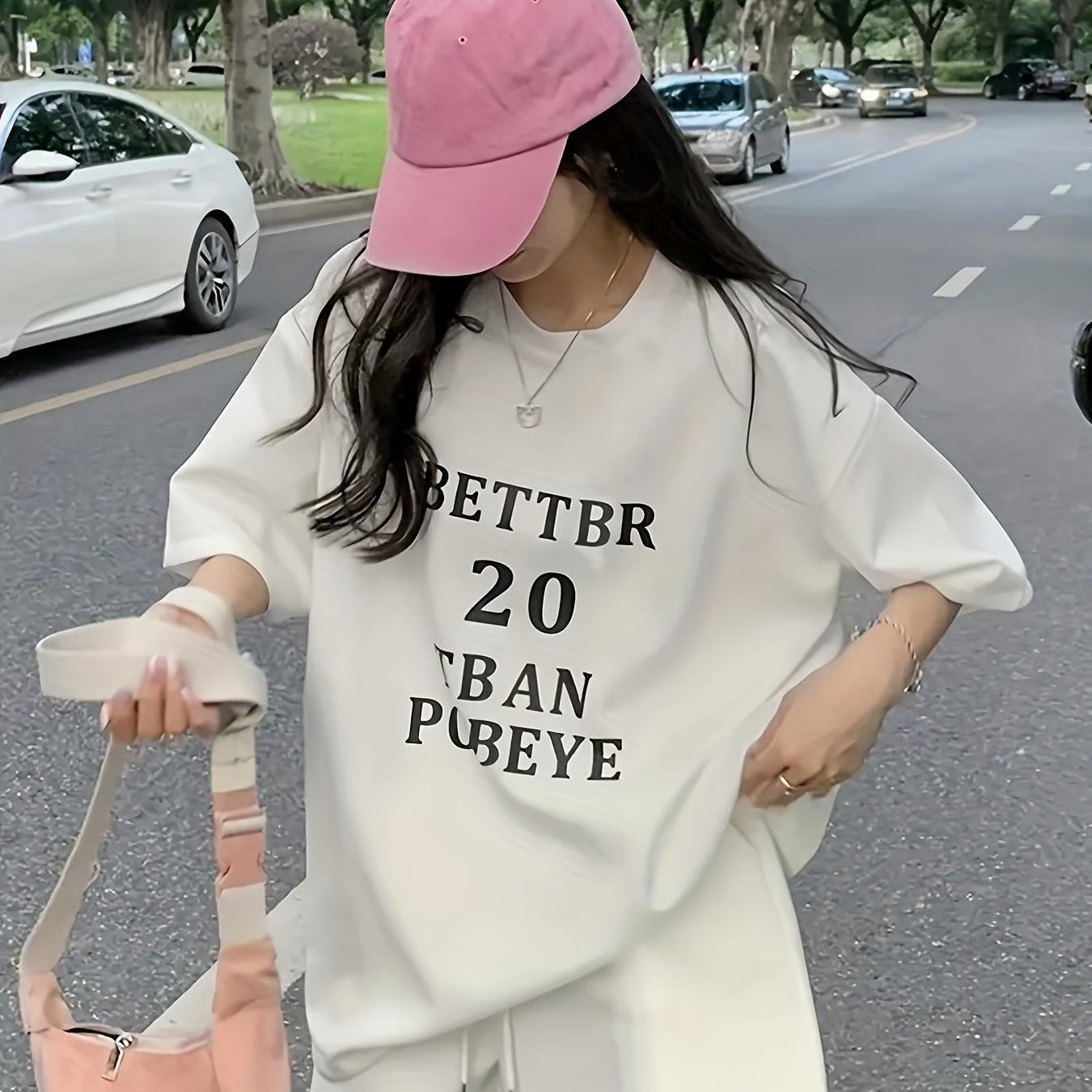 TEMU 남녀공용 루즈핏 레터 프린트 남녀공용 활용도 높은 티셔츠 여름 반팔 상의