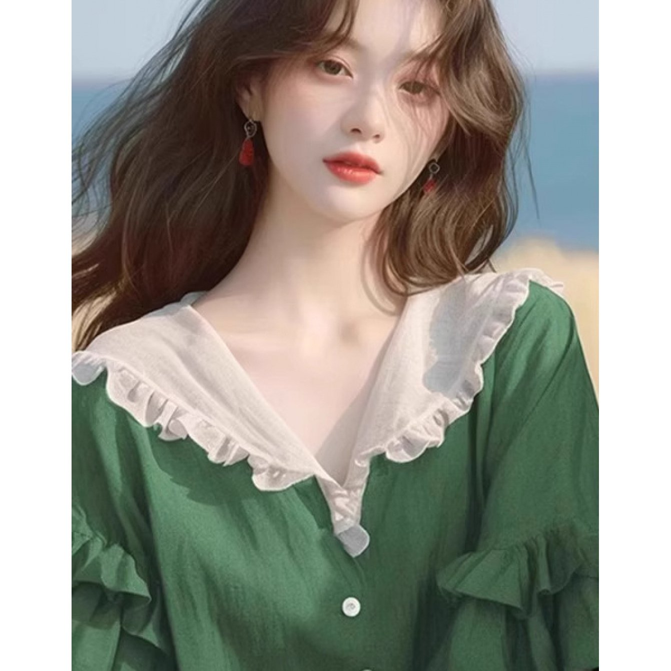 TEMU 여성 브이넥 프릴 블라우스 배색 세일러카라 러플 반팔 셔츠 루즈핏 체형커버 데이트룩 하객룩 출근룩 러블리 페미닌 봄 여름 그린
