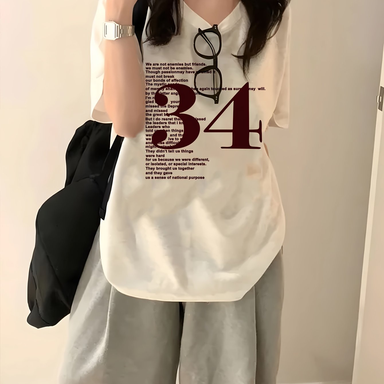 TEMU 여성 캐주얼 크루넥 티셔츠 기하학적 문자 프린트, 짧은 소매, 레귤러 핏, 봄/여름/가을 패션 탑, 여성 티셔츠