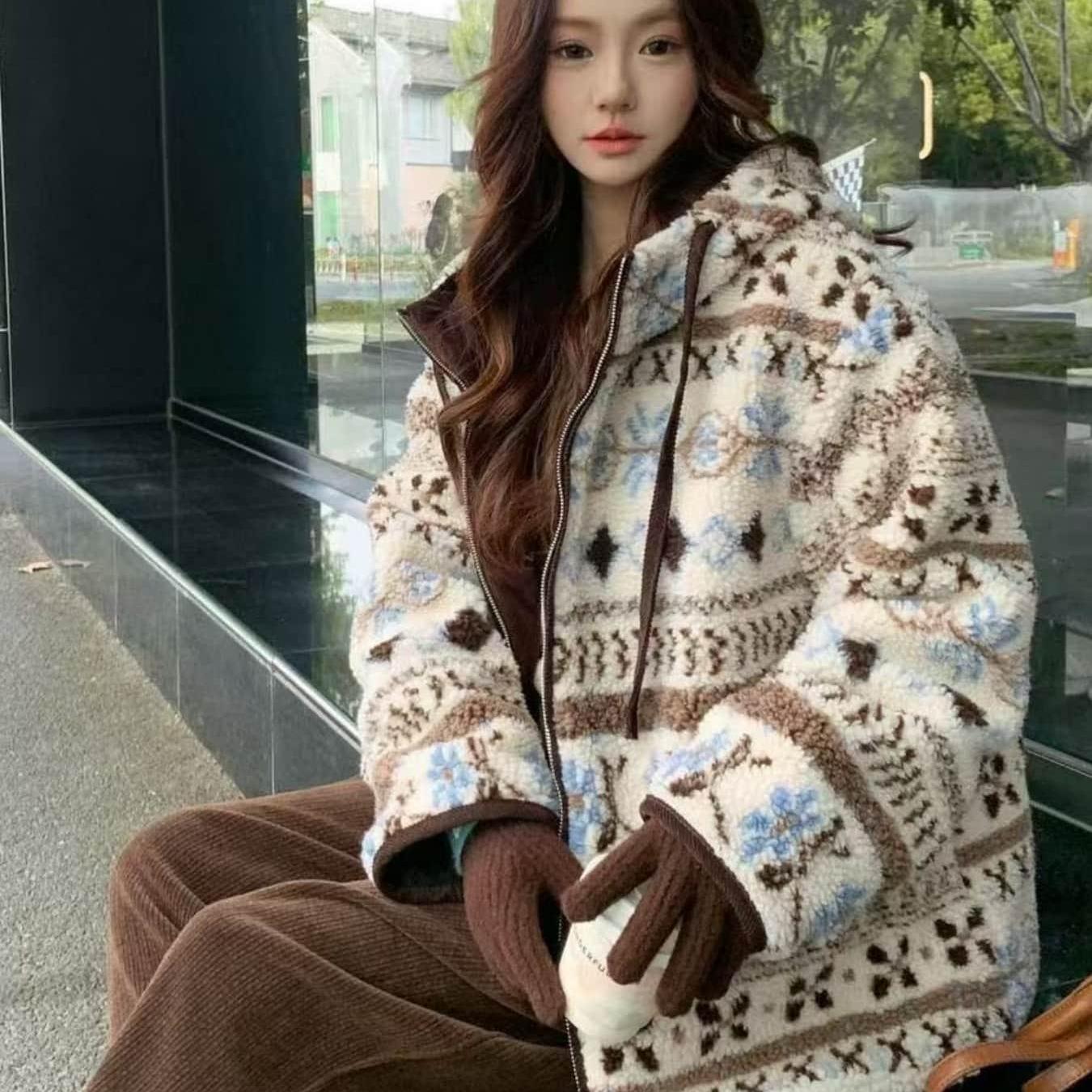 TEMU 페어 아일랜드 자카드 후드 자켓 여성용 가을 겨울 두꺼운 보온 자켓
