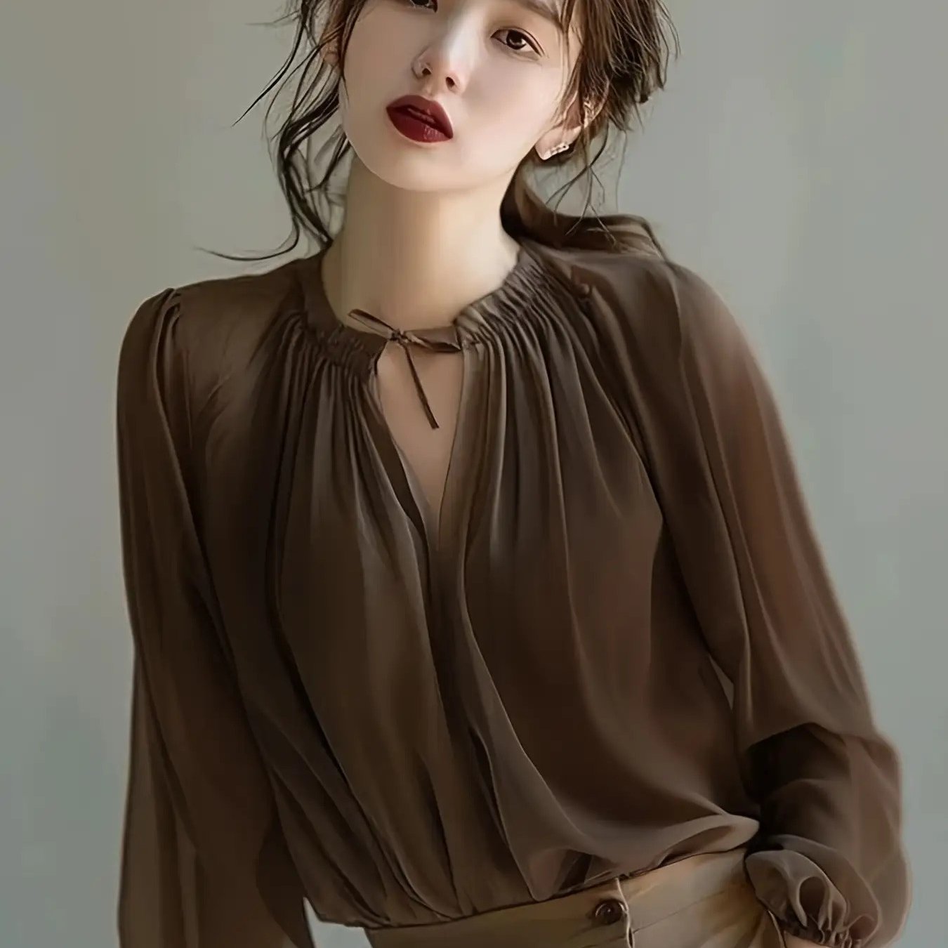 TEMU 여성 리본 셔링 블라우스 긴팔 셔츠 루즈핏 체형커버 시폰 터치 찰랑거리는 페미닌 우아한 오피스룩 하객룩 데이트룩 출근룩 가을 상의 브라운