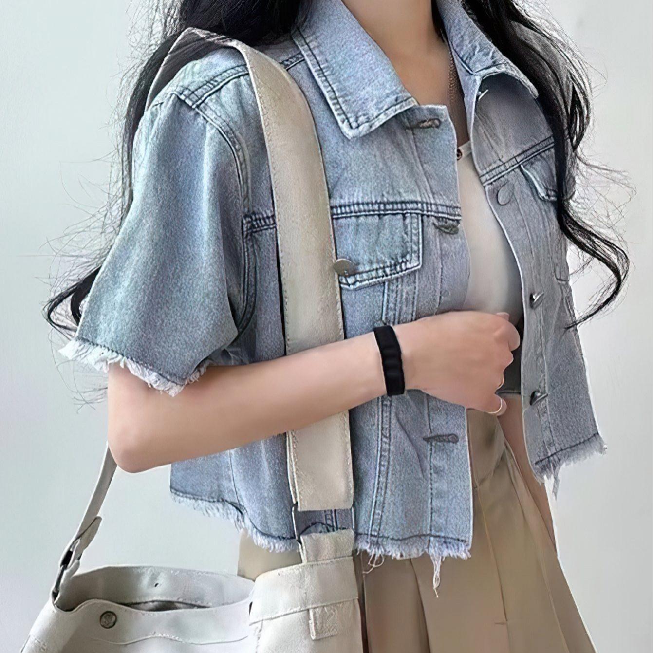TEMU 여름 여성용 하이웨스트 데님 반팔 상의 워싱 블루 데님 숏 자켓